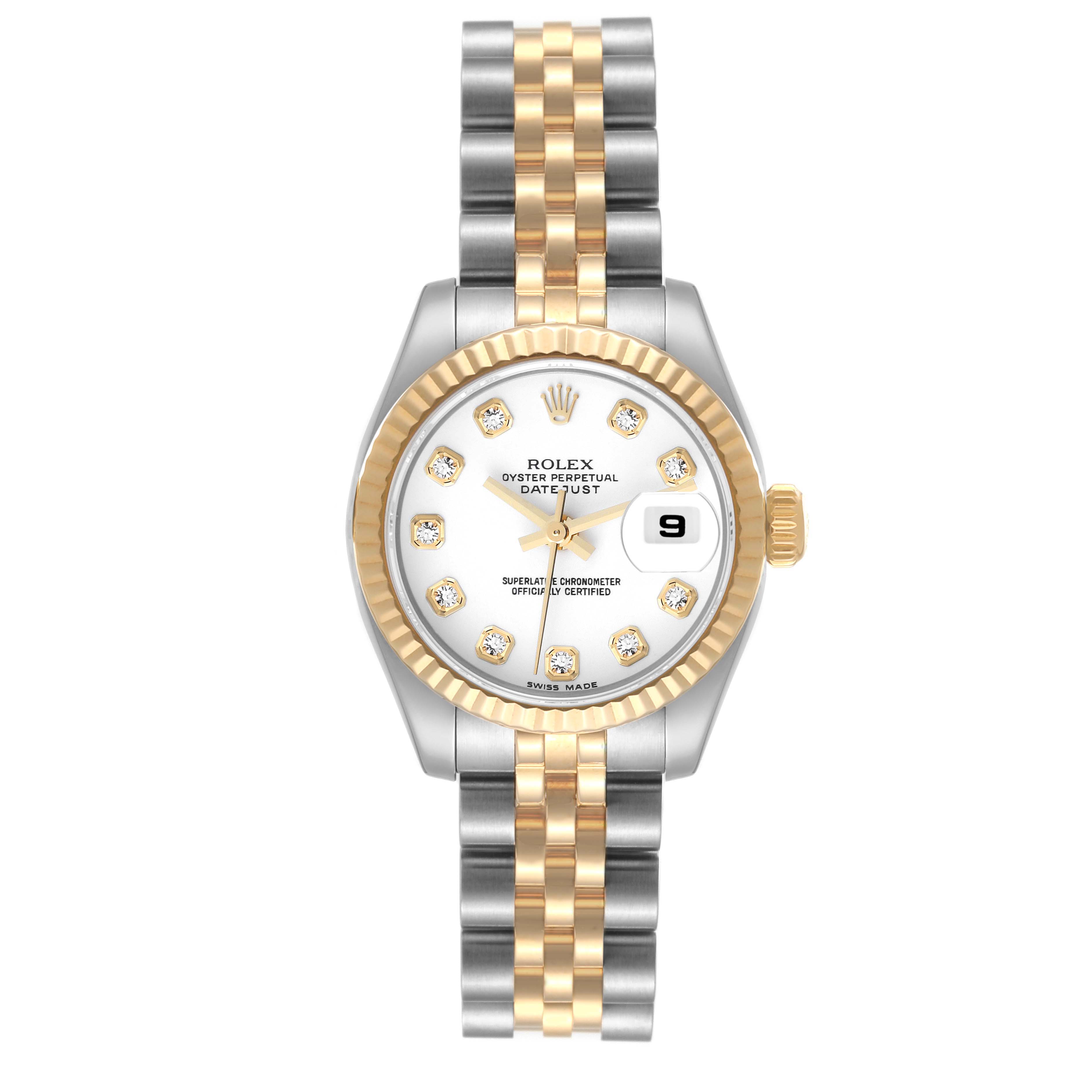 This image shows a front view of the Rolex Datejust 179173 Women's Steel and Gold (two tone) White Dial 179173 Women's Steel and Gold (two tone) White Dial watch, featuring a two-tone bracelet and a white dial with a date display.