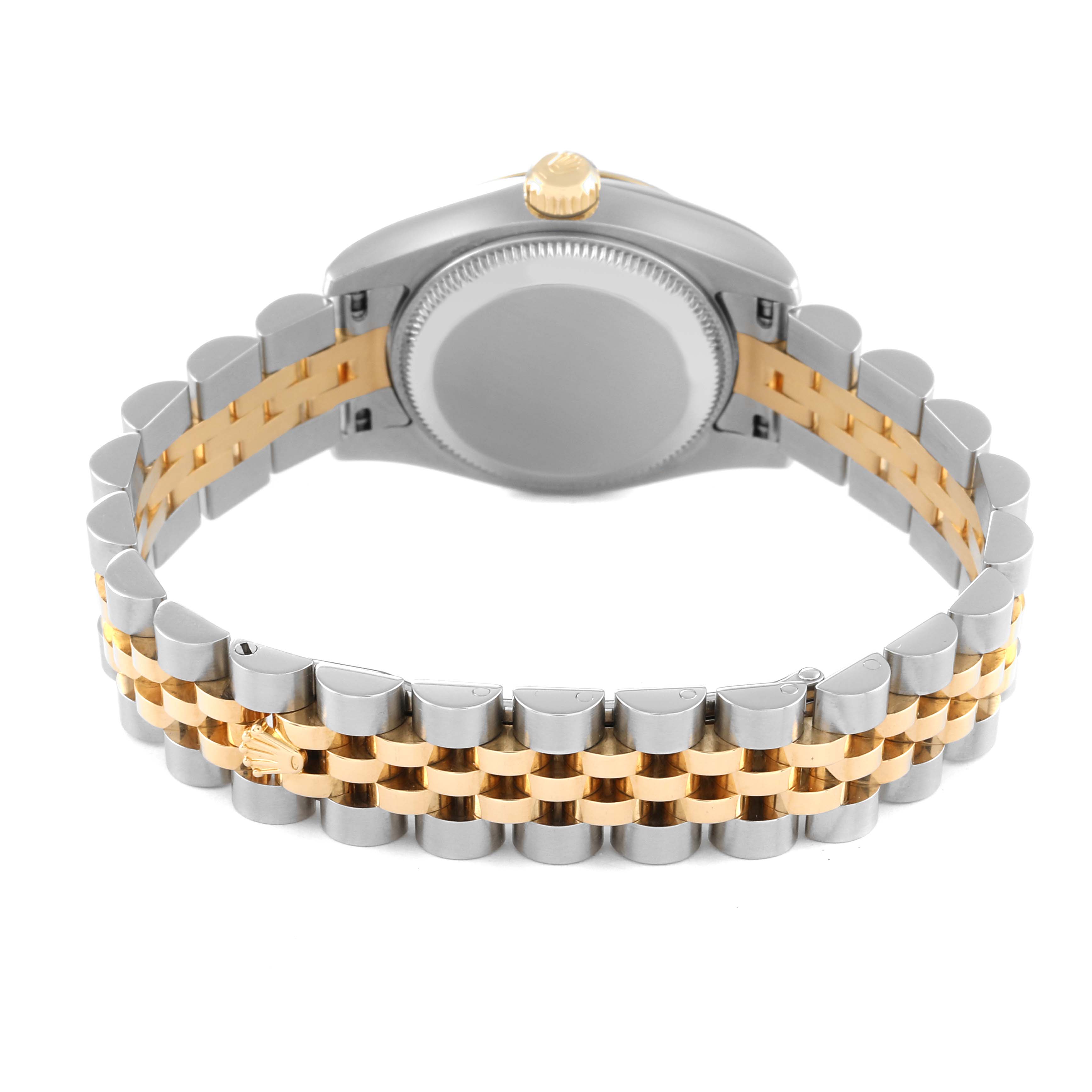 This image shows the back and bracelet of a Rolex Datejust 179173 Women's Steel and Gold (two tone) White Dial 179173 Women's Steel and Gold (two tone) White Dial watch, highlighting its two-tone metal design.