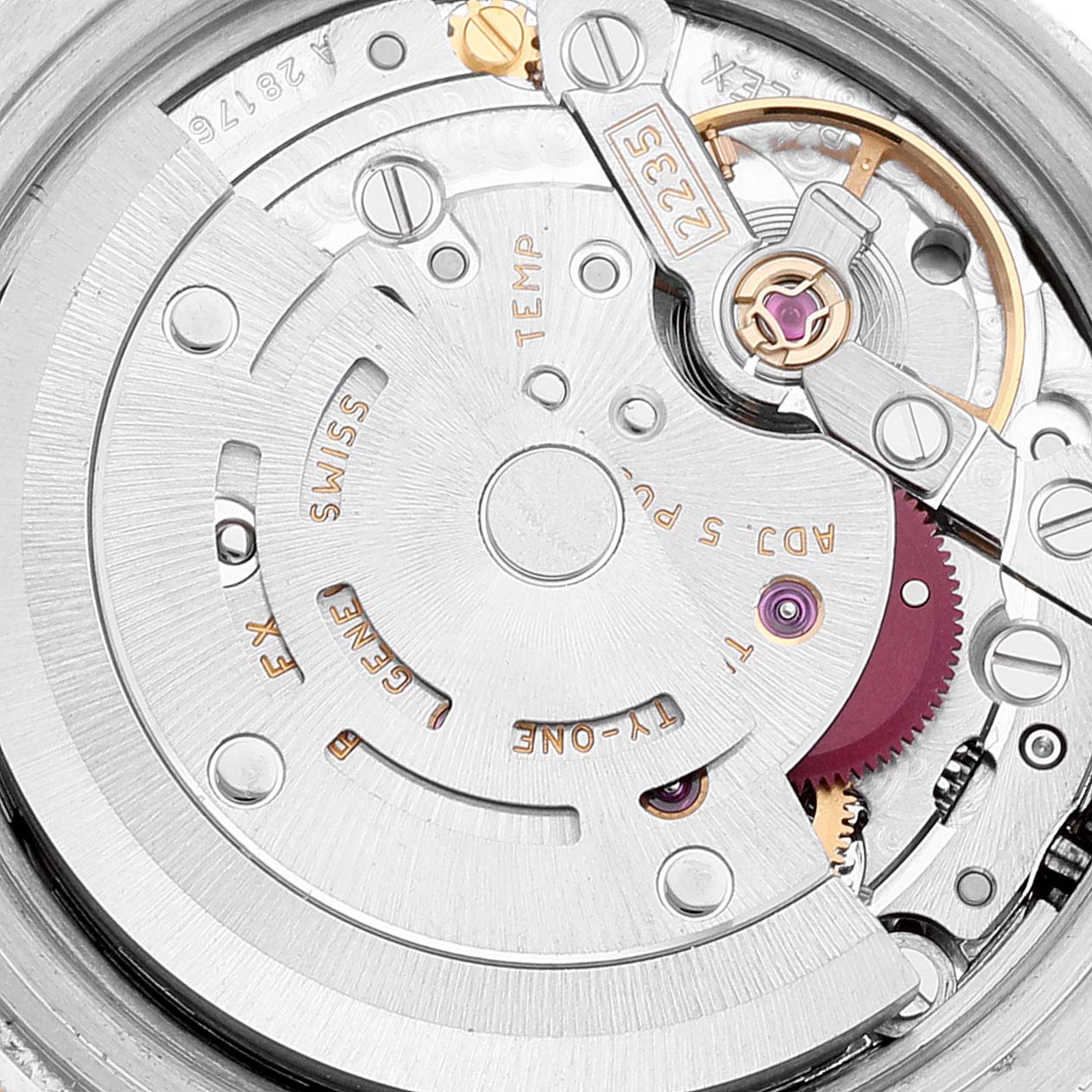 This close-up image shows the intricate internal movement of a Rolex Datejust 179173 Women's Steel and Gold (two tone) White Dial 179173 Women's Steel and Gold (two tone) White Dial watch.