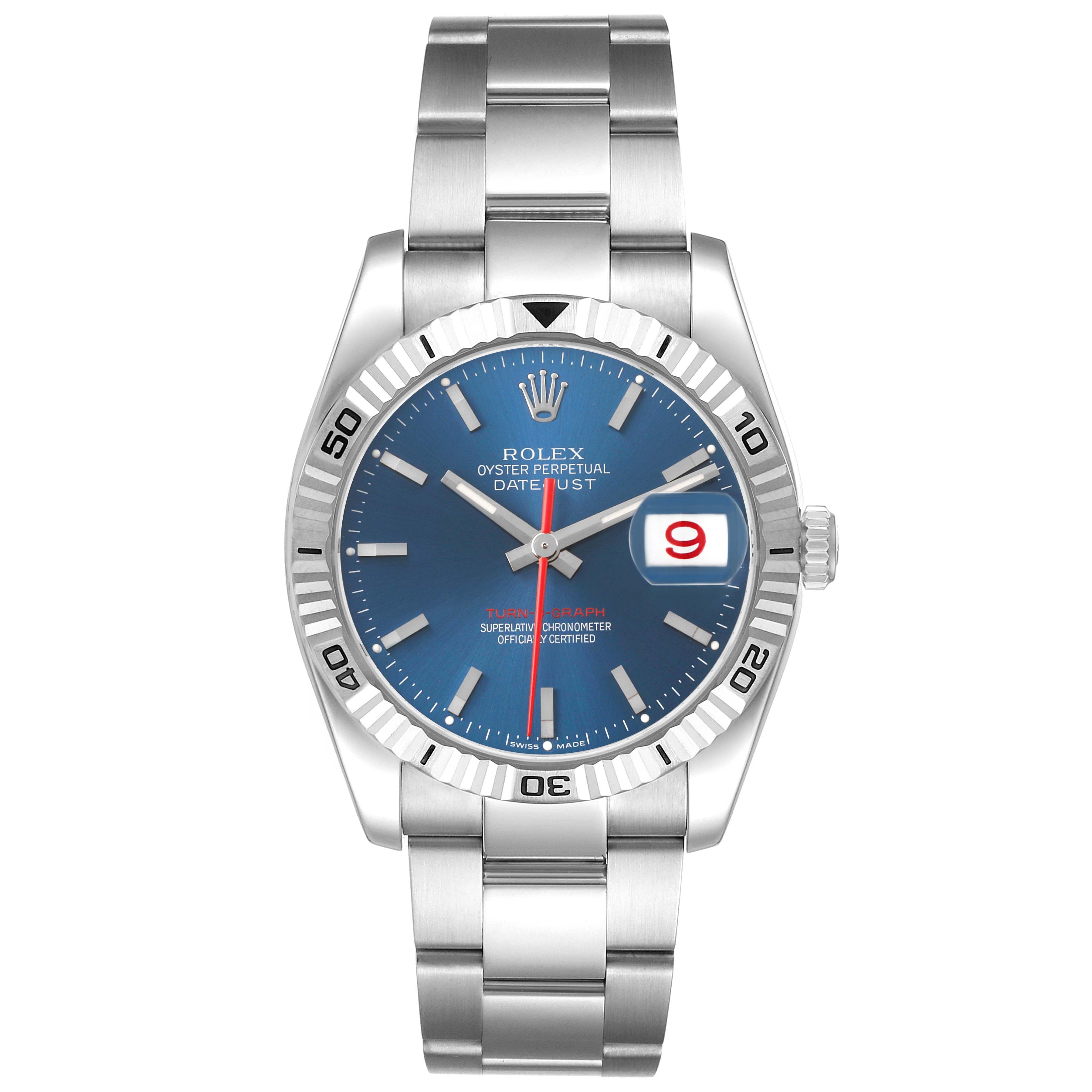The Rolex Turn-o-Graph 116264 Men's Stainless Steel Blue Dial watch is shown from a front angle, highlighting its blue dial, fluted bezel, and stainless steel bracelet.