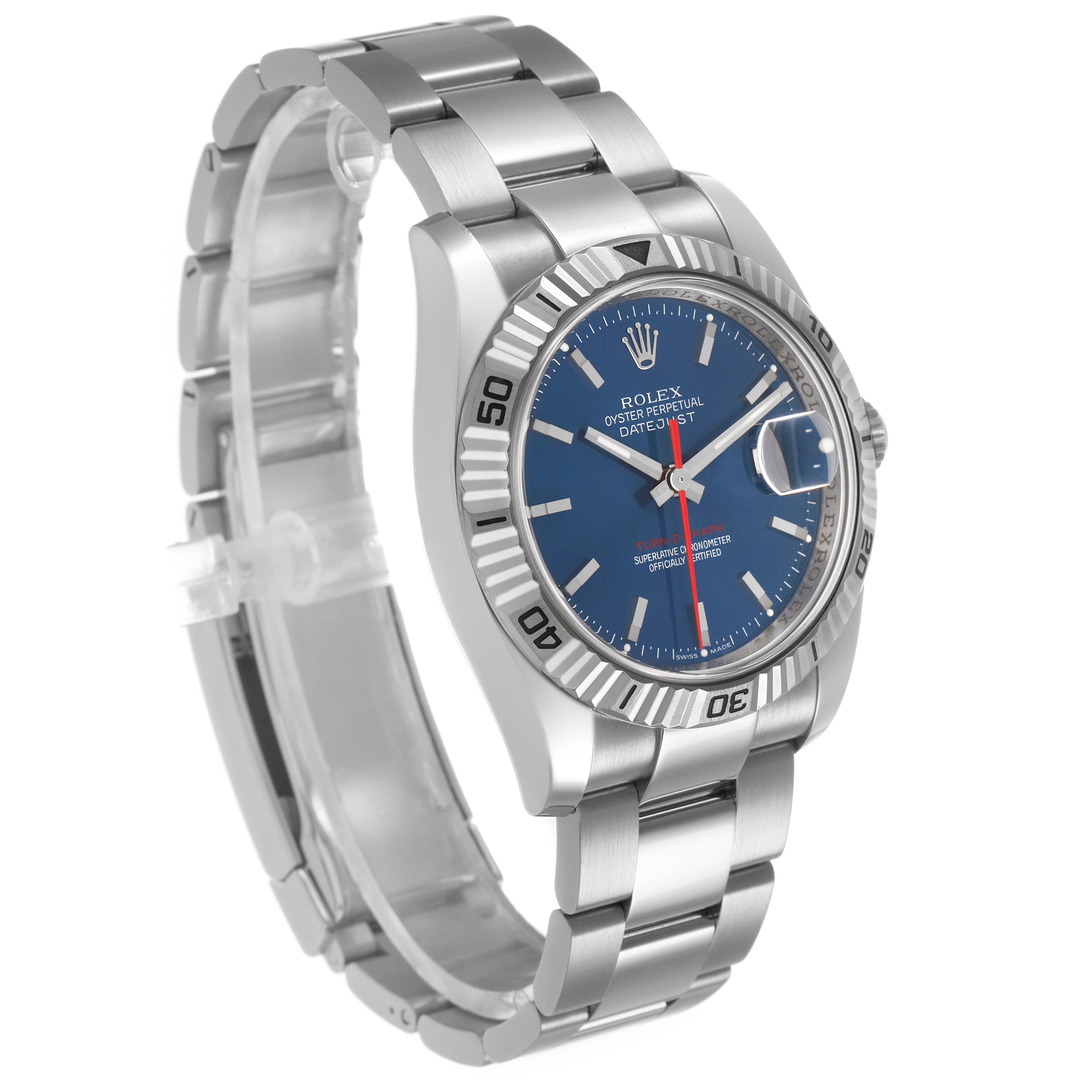 The Rolex Turn-o-Graph 116264 Men's Stainless Steel Blue Dial watch is shown from an angled side view, highlighting its bezel, dial, and bracelet.