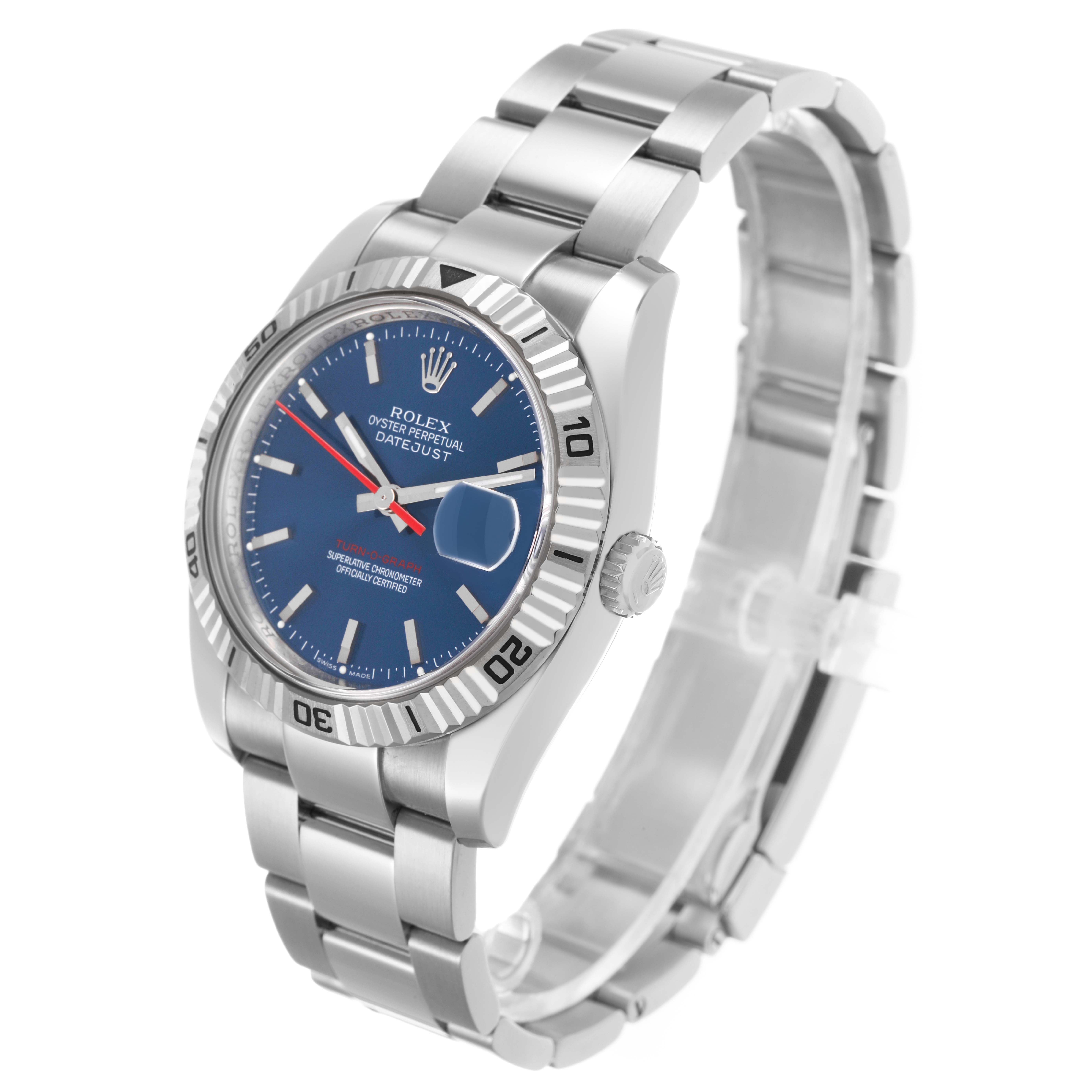 The Rolex Turn-o-Graph 116264 Men's Stainless Steel Blue Dial watch is shown at a three-quarter angle, displaying the blue dial, bezel, crown, and metal bracelet.