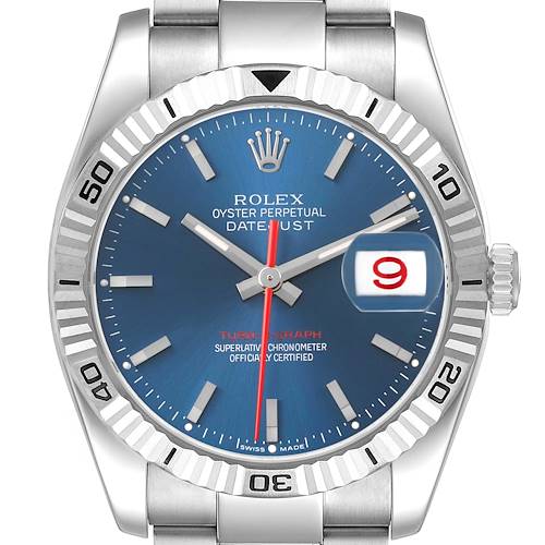The Rolex Turn-o-Graph 116264 Men's Stainless Steel Blue Dial watch is shown from the front, featuring its blue dial, rotating bezel, and date window.