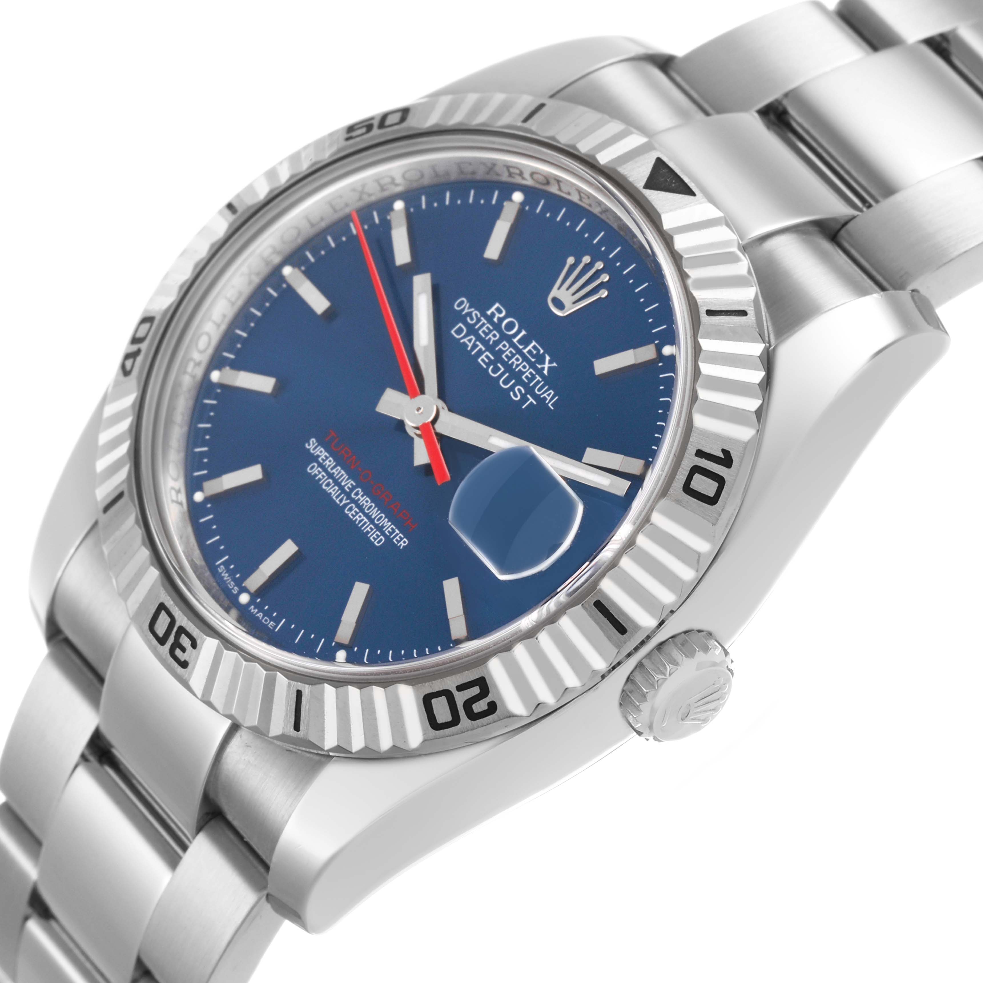 The Rolex Turn-o-Graph 116264 Men's Stainless Steel Blue Dial is shown at an angled view highlighting the blue dial, bezel, crown, and part of the bracelet.