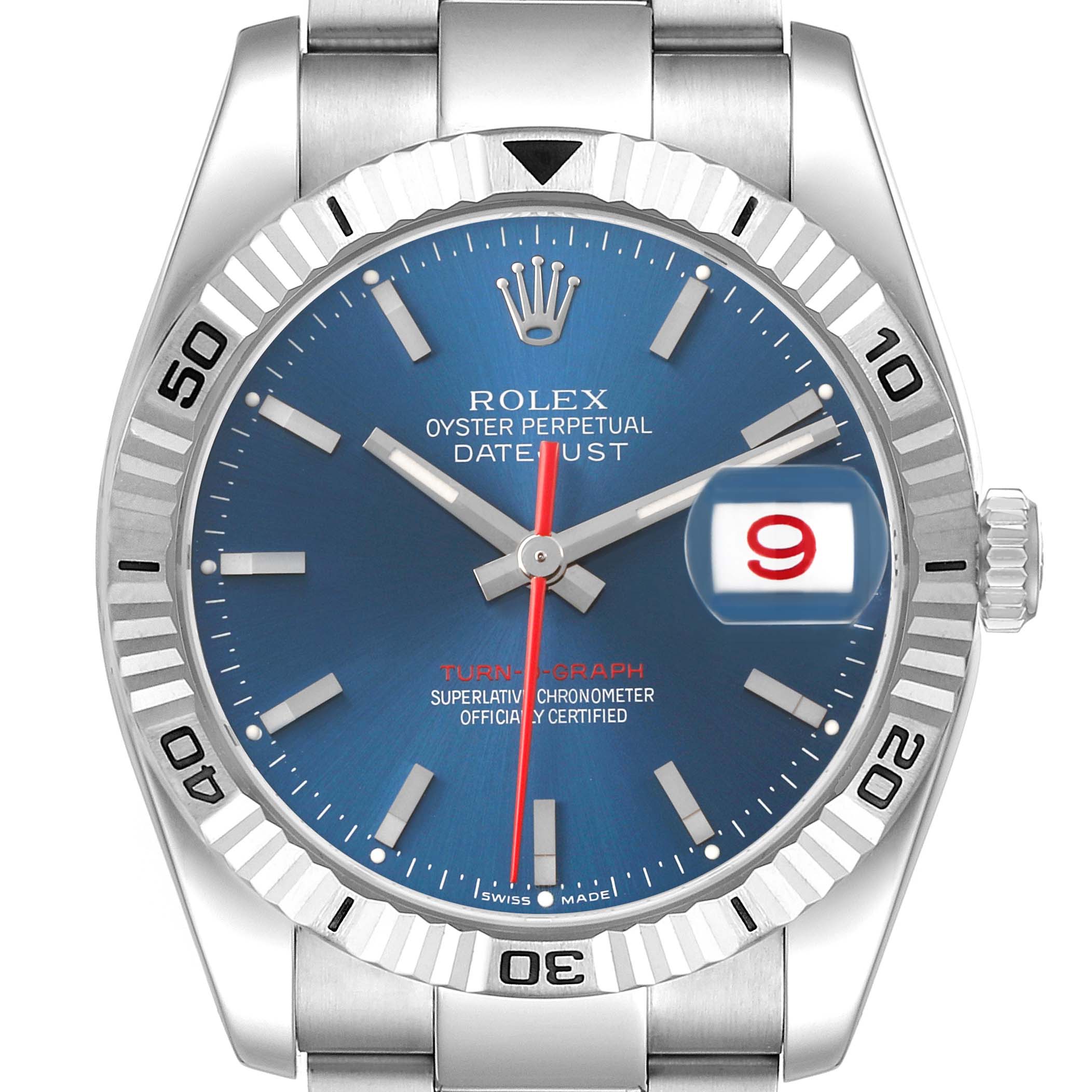 The image shows a front view of a Rolex Turn-o-Graph 116264 Men's Stainless Steel Blue Dial watch, highlighting the bezel, dial, and bracelet.