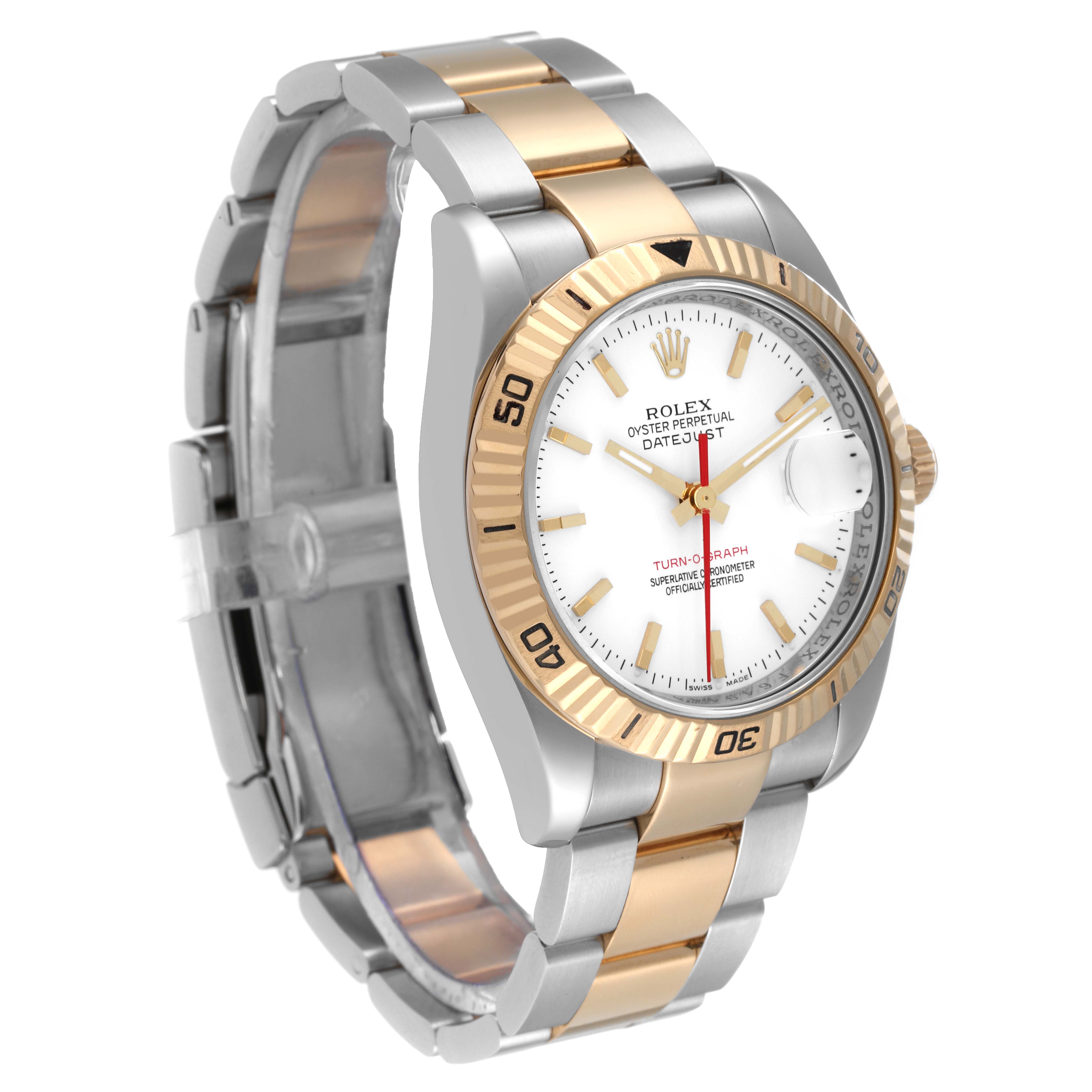 This image showcases a Rolex Turn-o-Graph 116263 Men's Steel and Gold (two tone) White Dial 116263 Men's Steel and Gold (two tone) White Dial watch in a three-quarter angle, highlighting the bezel, dial, and two-tone bracelet.
