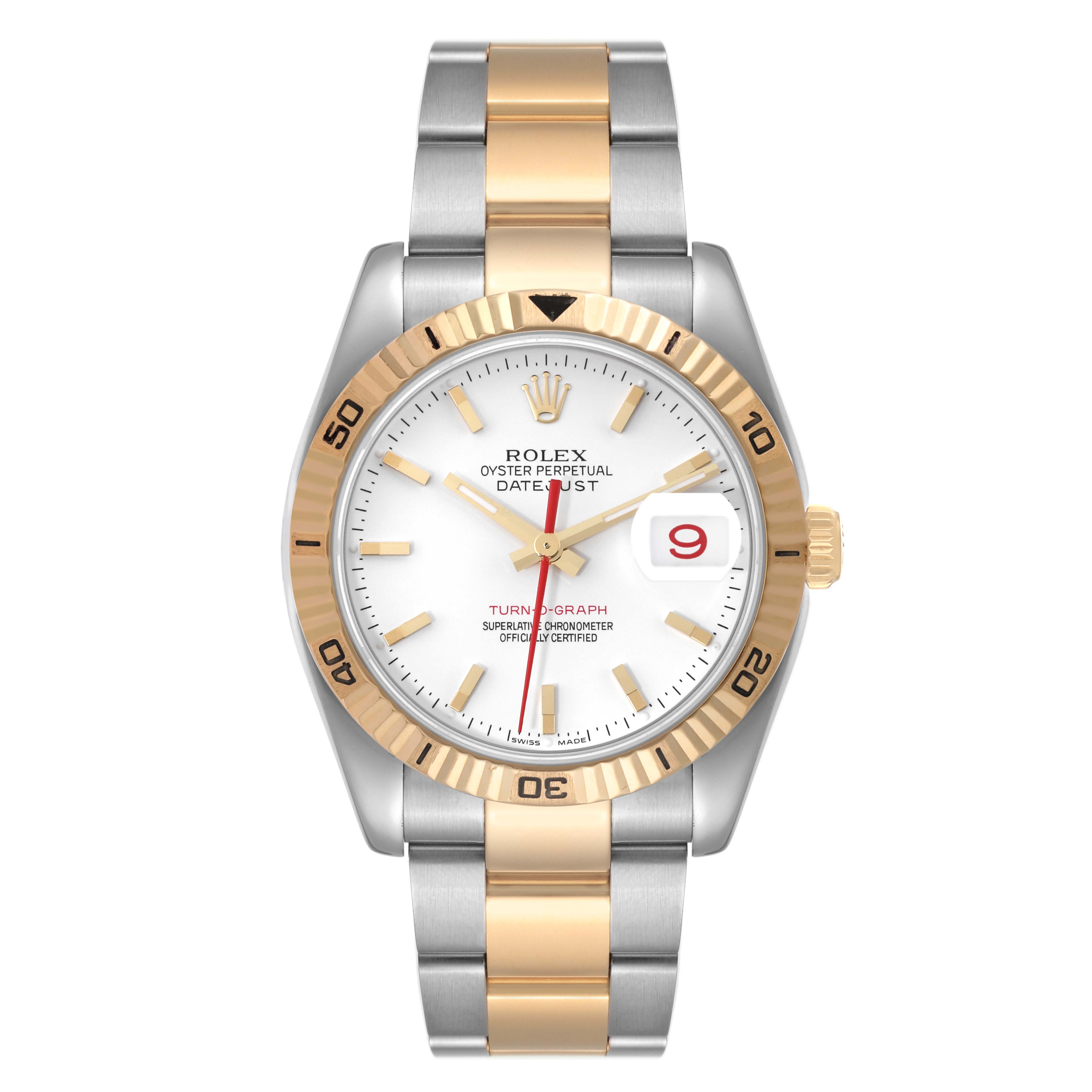 The image shows a front view of a Rolex Turn-o-Graph 116263 Men's Steel and Gold (two tone) White Dial 116263 Men's Steel and Gold (two tone) White Dial watch, highlighting its dial, bezel, and bracelet.