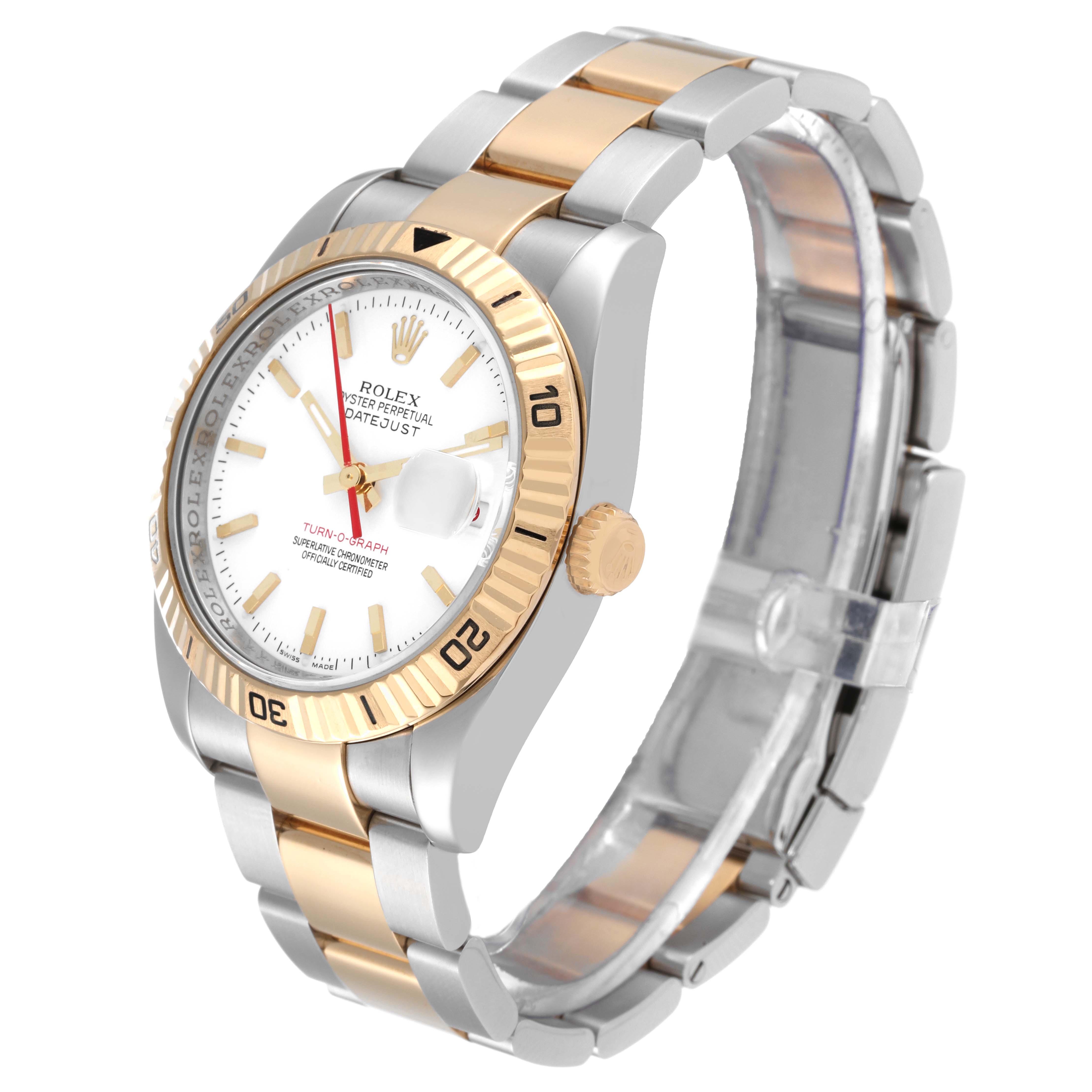 This image shows a Rolex Turn-o-Graph 116263 Men's Steel and Gold (two tone) White Dial 116263 Men's Steel and Gold (two tone) White Dial watch at a three-quarter angle, highlighting its two-tone bracelet and fluted bezel.