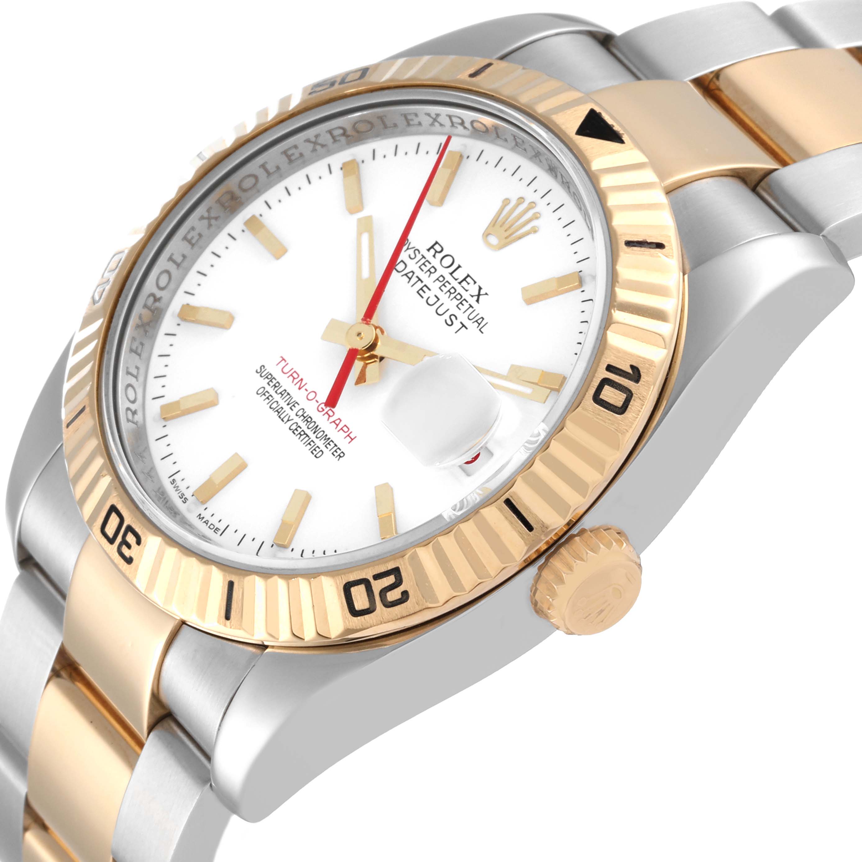 This image shows a close-up angle of the Rolex Turn-o-Graph 116263 Men's Steel and Gold (two tone) White Dial 116263 Men's Steel and Gold (two tone) White Dial model, highlighting the bezel, crown, dial, and part of the bracelet.