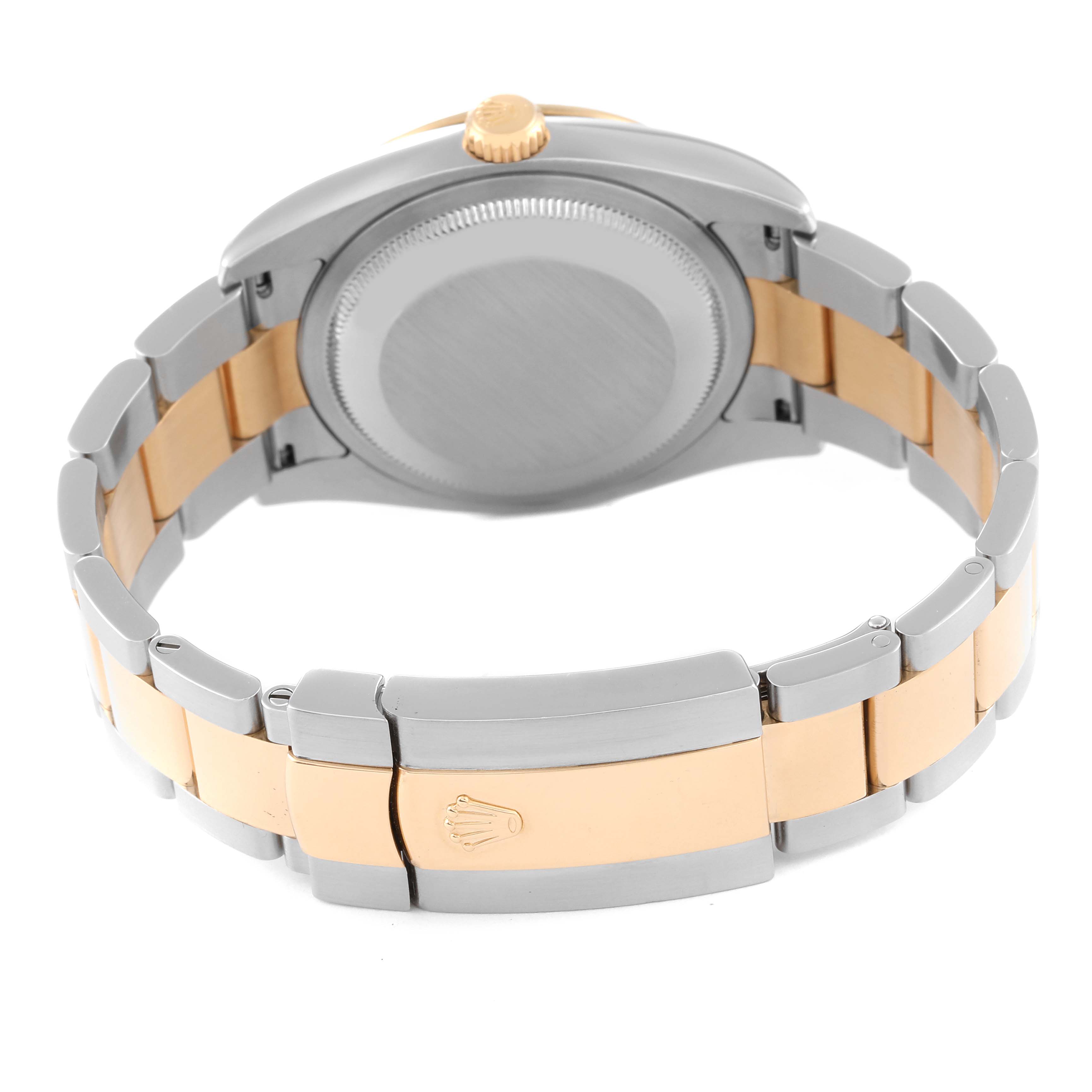 This image shows the backside and clasp of a Rolex Turn-o-Graph 116263 Men's Steel and Gold (two tone) White Dial 116263 Men's Steel and Gold (two tone) White Dial watch, highlighting its two-tone bracelet and crown.