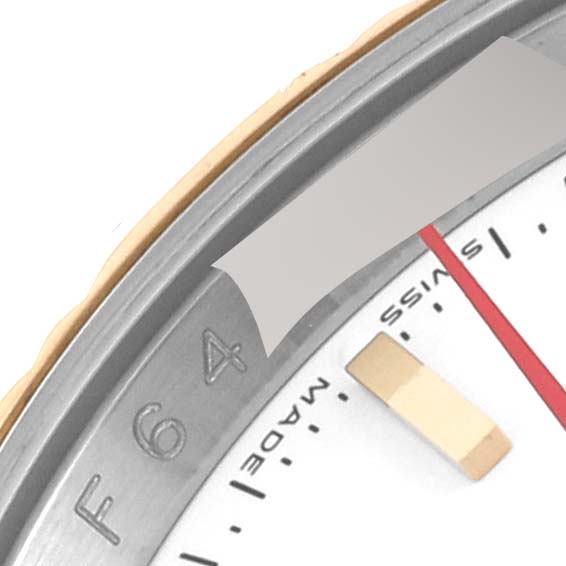 This close-up image shows part of the bezel, dial, and minute hand of a Rolex Turn-o-Graph 116263 Men's Steel and Gold (two tone) White Dial 116263 Men's Steel and Gold (two tone) White Dial watch.