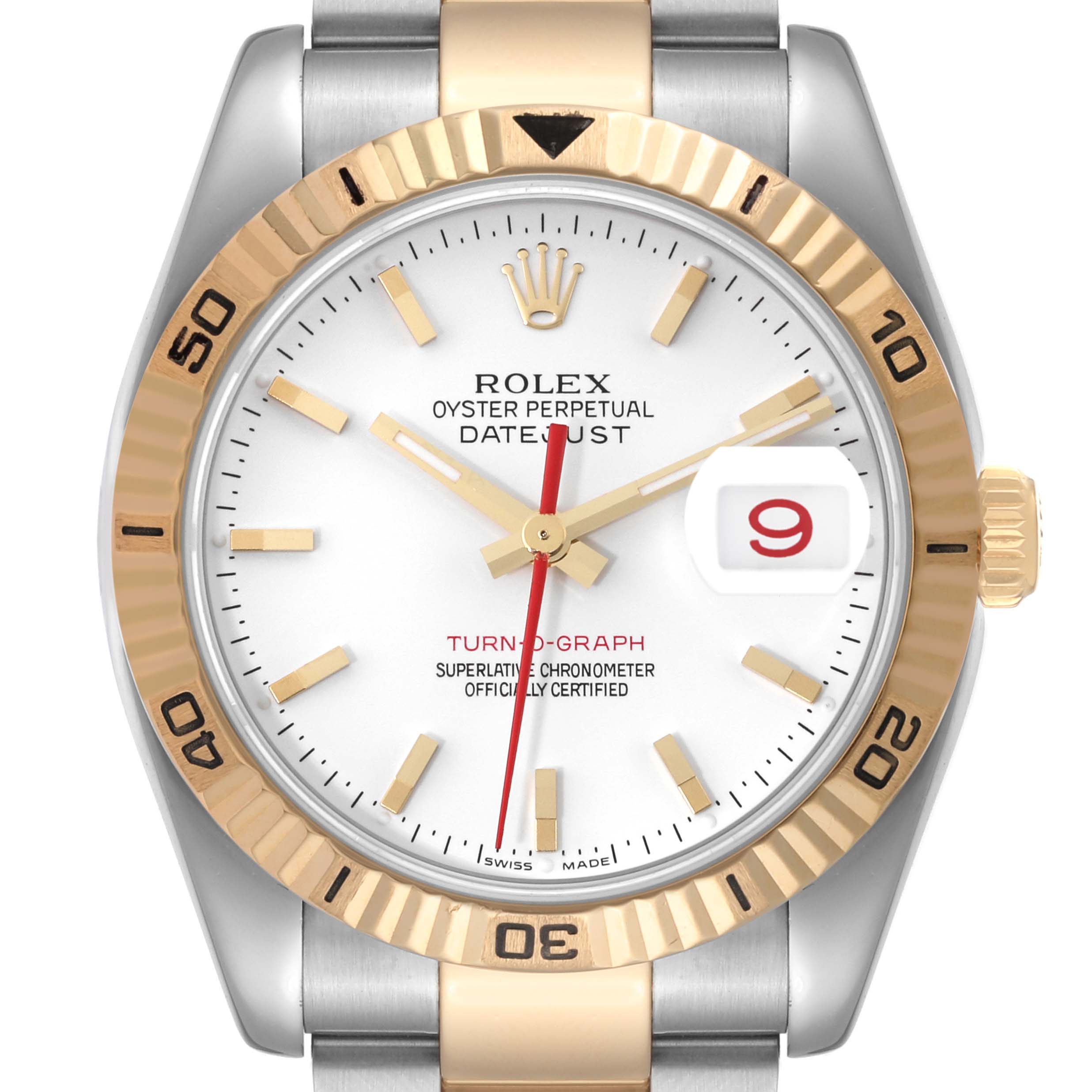 The image shows a Rolex Turn-o-Graph 116263 Men's Steel and Gold (two tone) White Dial 116263 Men's Steel and Gold (two tone) White Dial watch front view, highlighting its bezel, dial, hands, and date display.