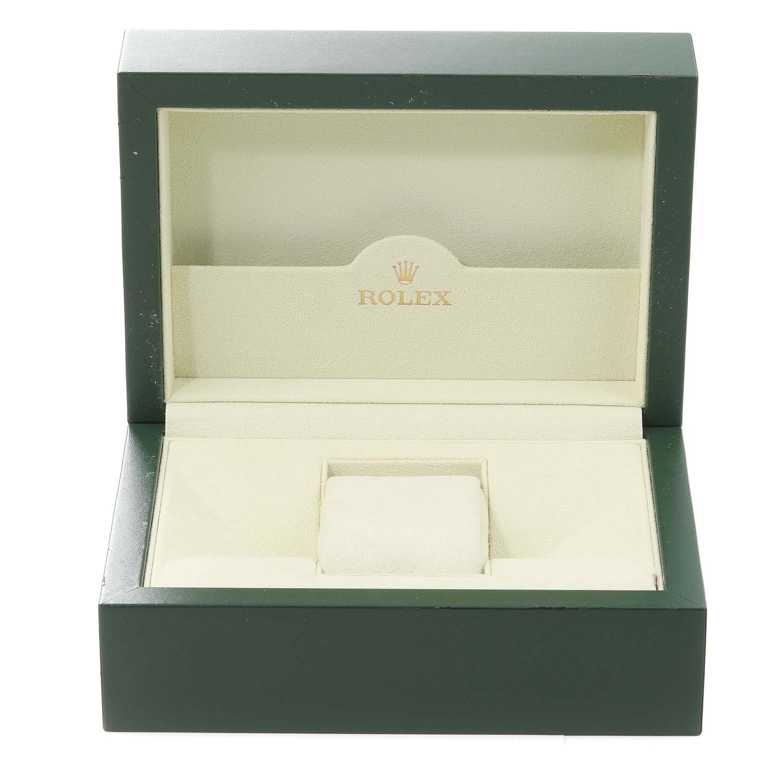 This image shows an empty Rolex Turn-o-Graph 116263 Men's Steel and Gold (two tone) White Dial 116263 Men's Steel and Gold (two tone) White Dial watch box, open to reveal its interior cushioning and branding.