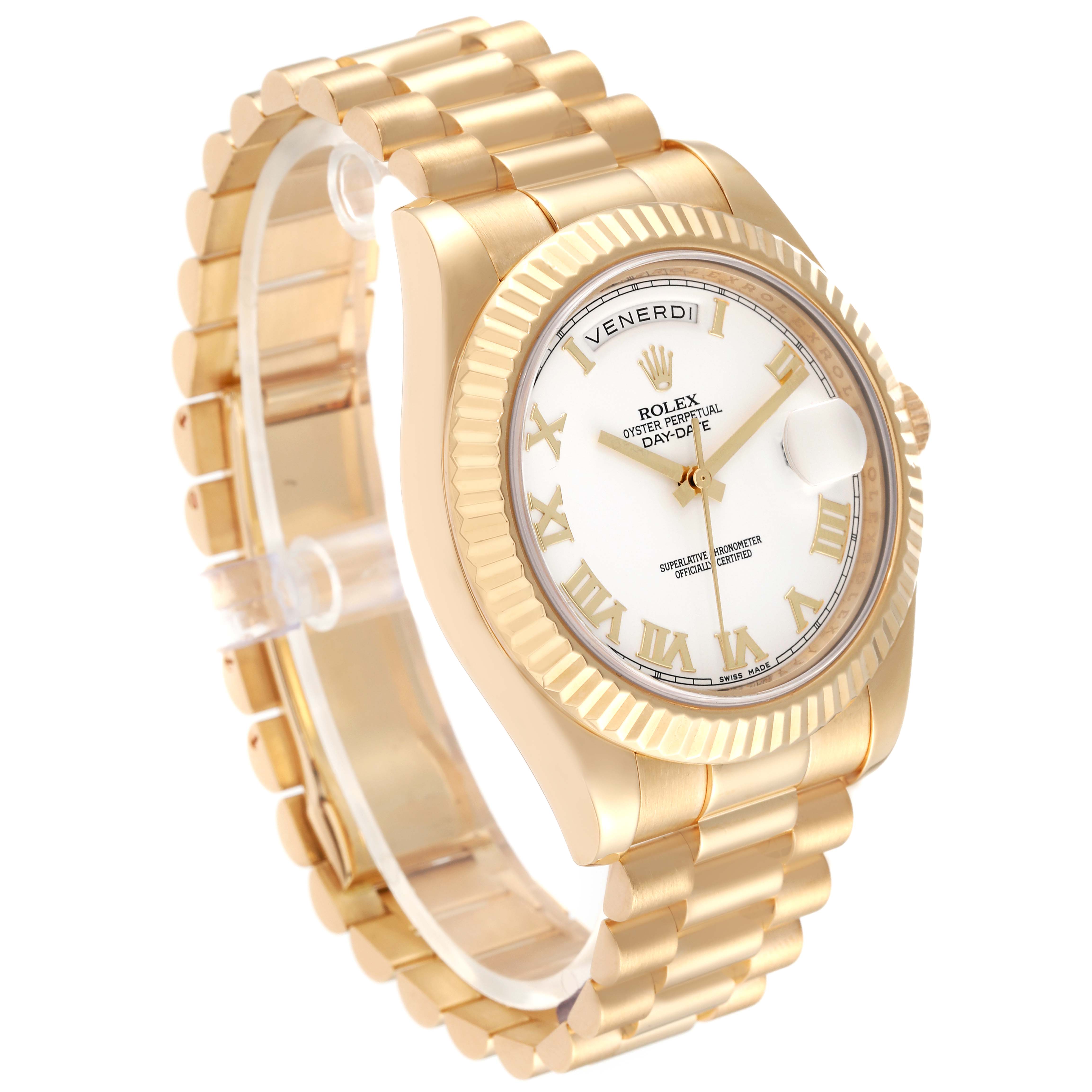 The image shows a side-angle view of the Rolex President 218238 Men's Yellow Gold White Dial 218238 Men's Yellow Gold White Dial model watch, highlighting the face, bracelet, and bezel.