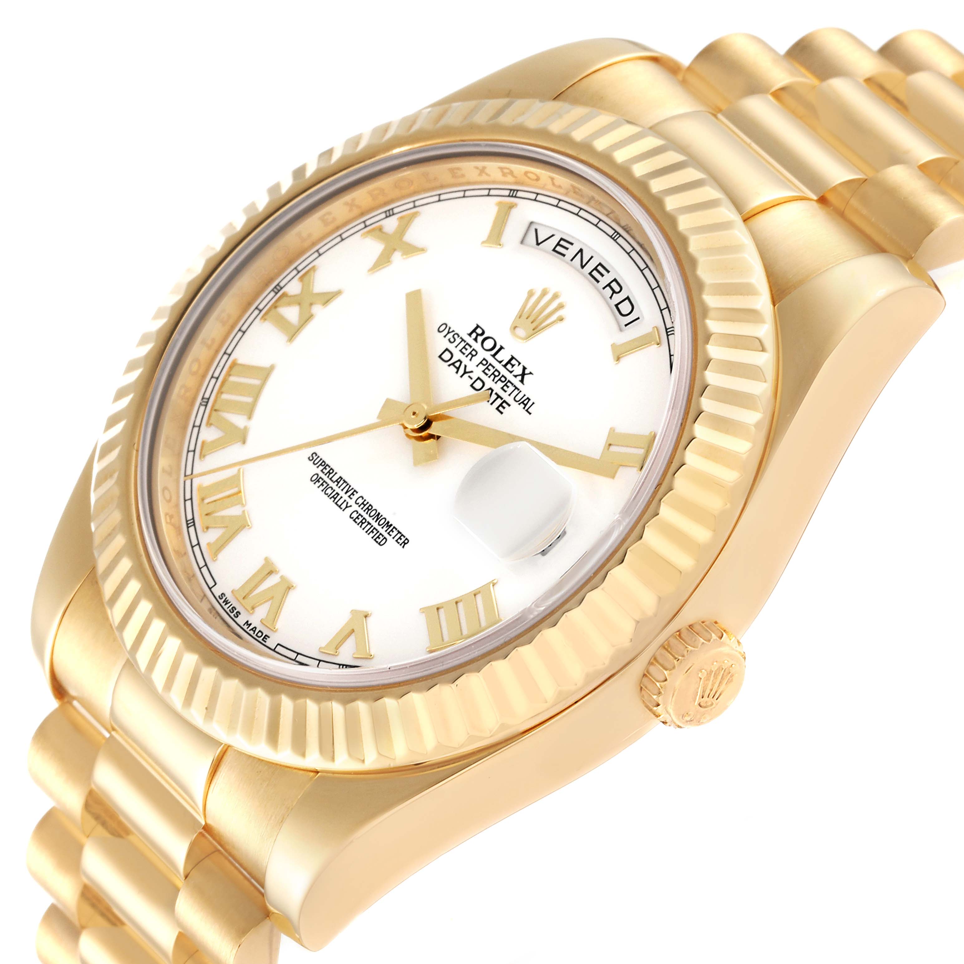 This image shows a close-up side angle of a Rolex President 218238 Men's Yellow Gold White Dial 218238 Men's Yellow Gold White Dial model watch, highlighting its gold case, bezel, and bracelet.