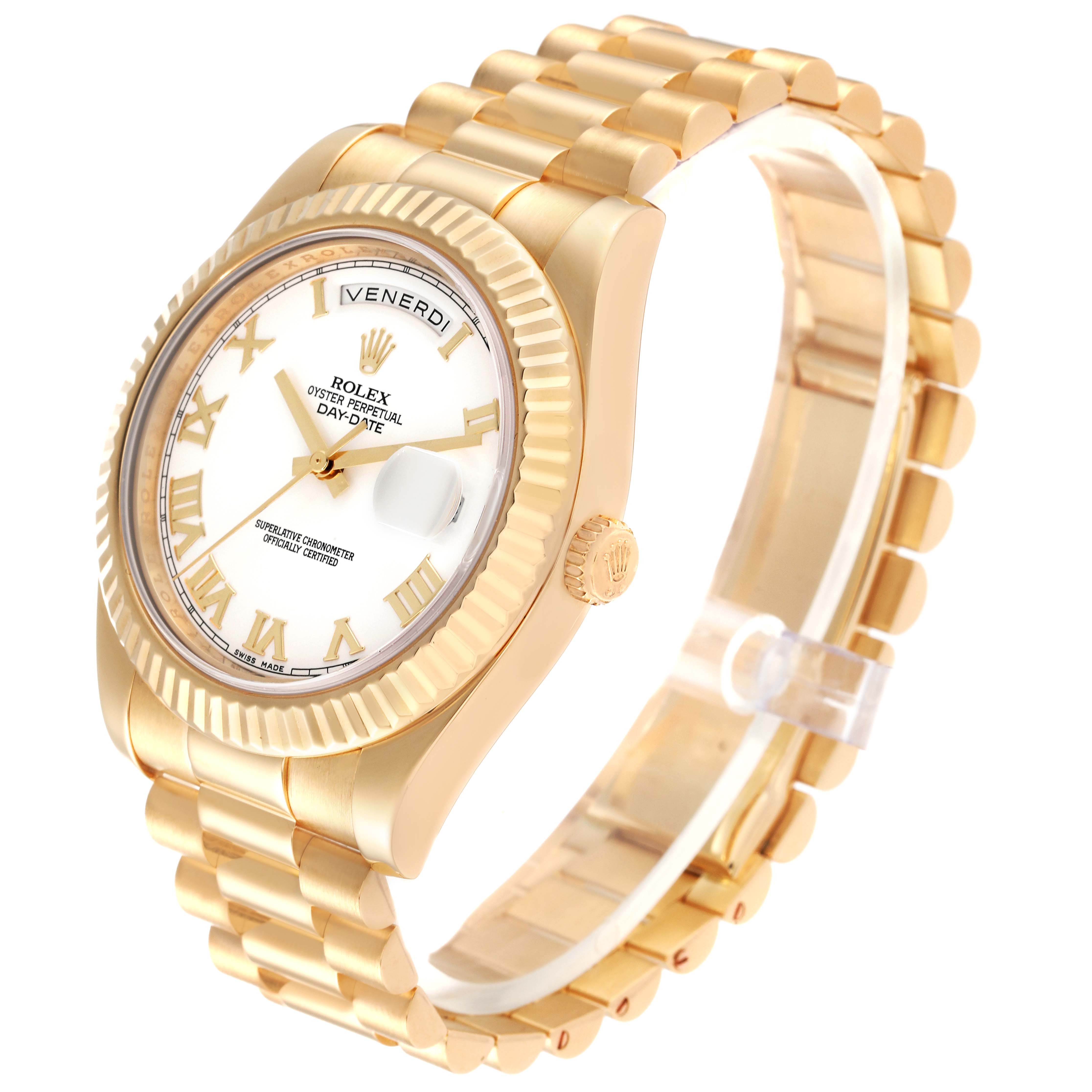 The image shows a Rolex President 218238 Men's Yellow Gold White Dial 218238 Men's Yellow Gold White Dial watch at a half-side angle, highlighting its gold bracelet, fluted bezel, and dial with Roman numerals.