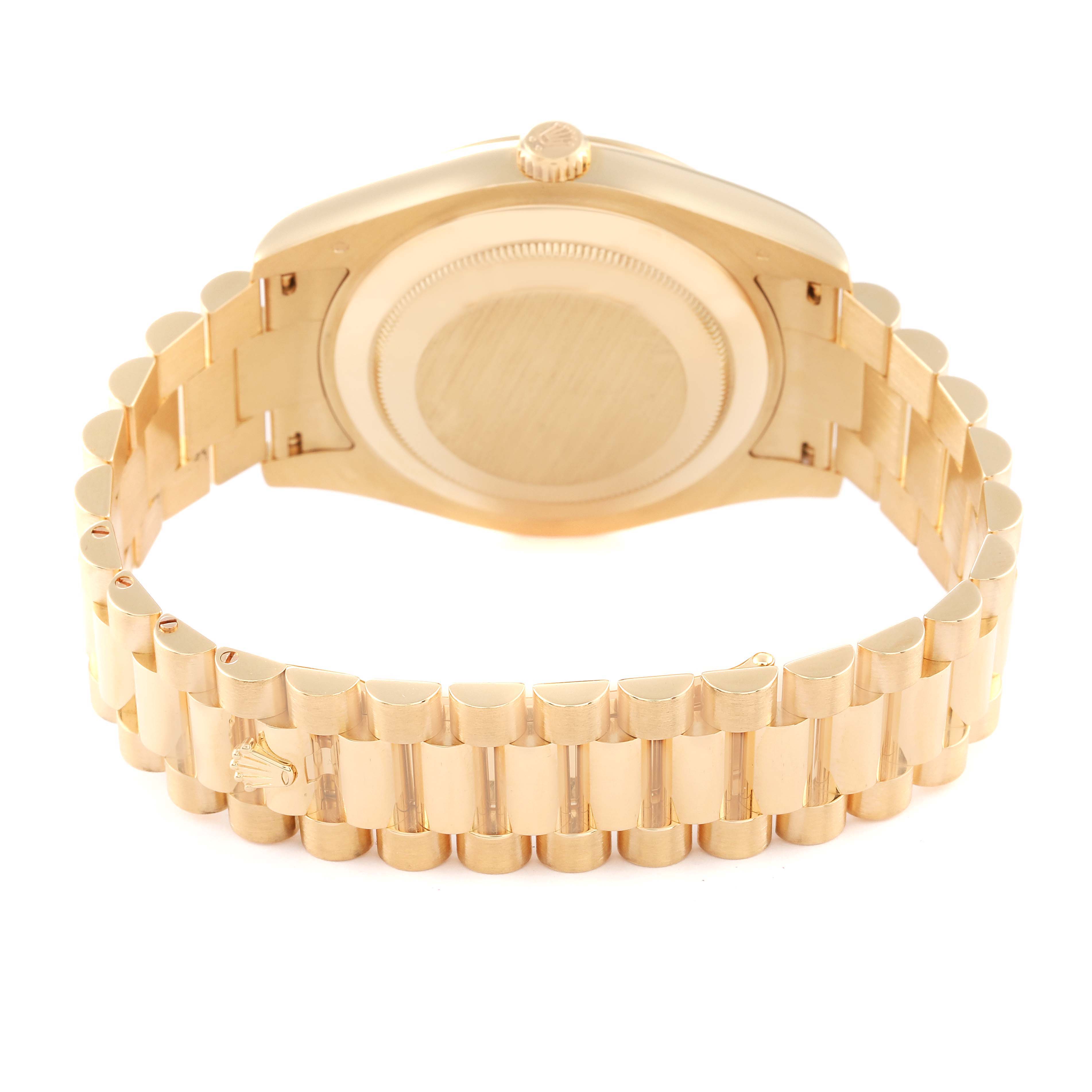 The image shows the case back and bracelet of the Rolex President 218238 Men's Yellow Gold White Dial 218238 Men's Yellow Gold White Dial model watch from a rear angle.