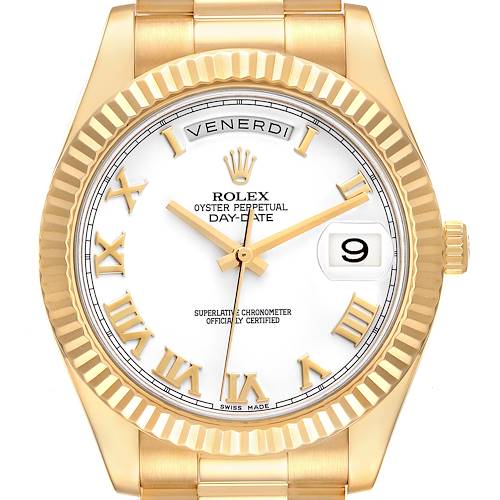 Photo of Rolex Day-Date II 41 President Yellow Gold White Dial Mens Watch 218238 Box Card