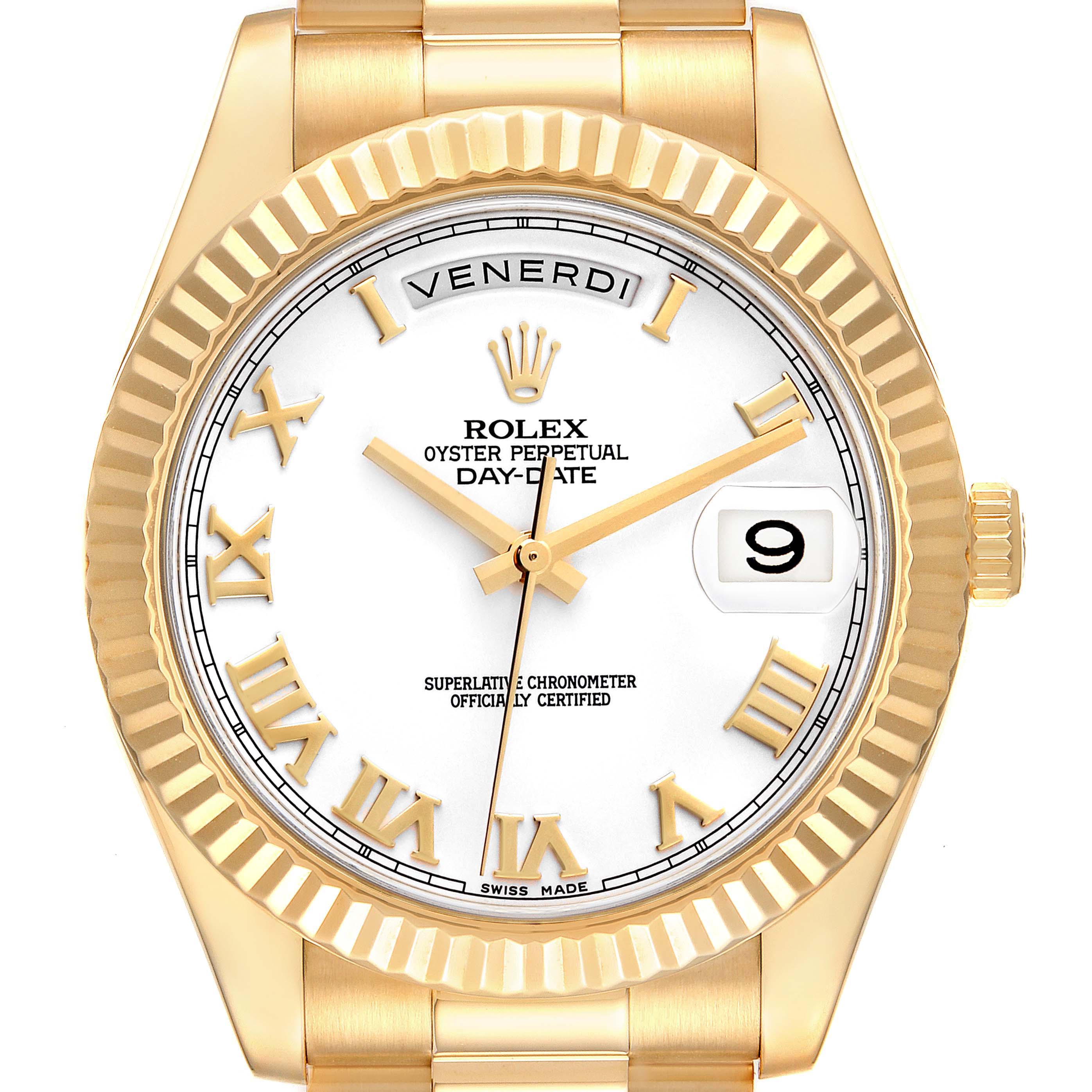 The image shows a front view of a Rolex President 218238 Men's Yellow Gold White Dial 218238 Men's Yellow Gold White Dial Day-Date watch, highlighting its gold case, fluted bezel, and white dial with Roman numerals.
