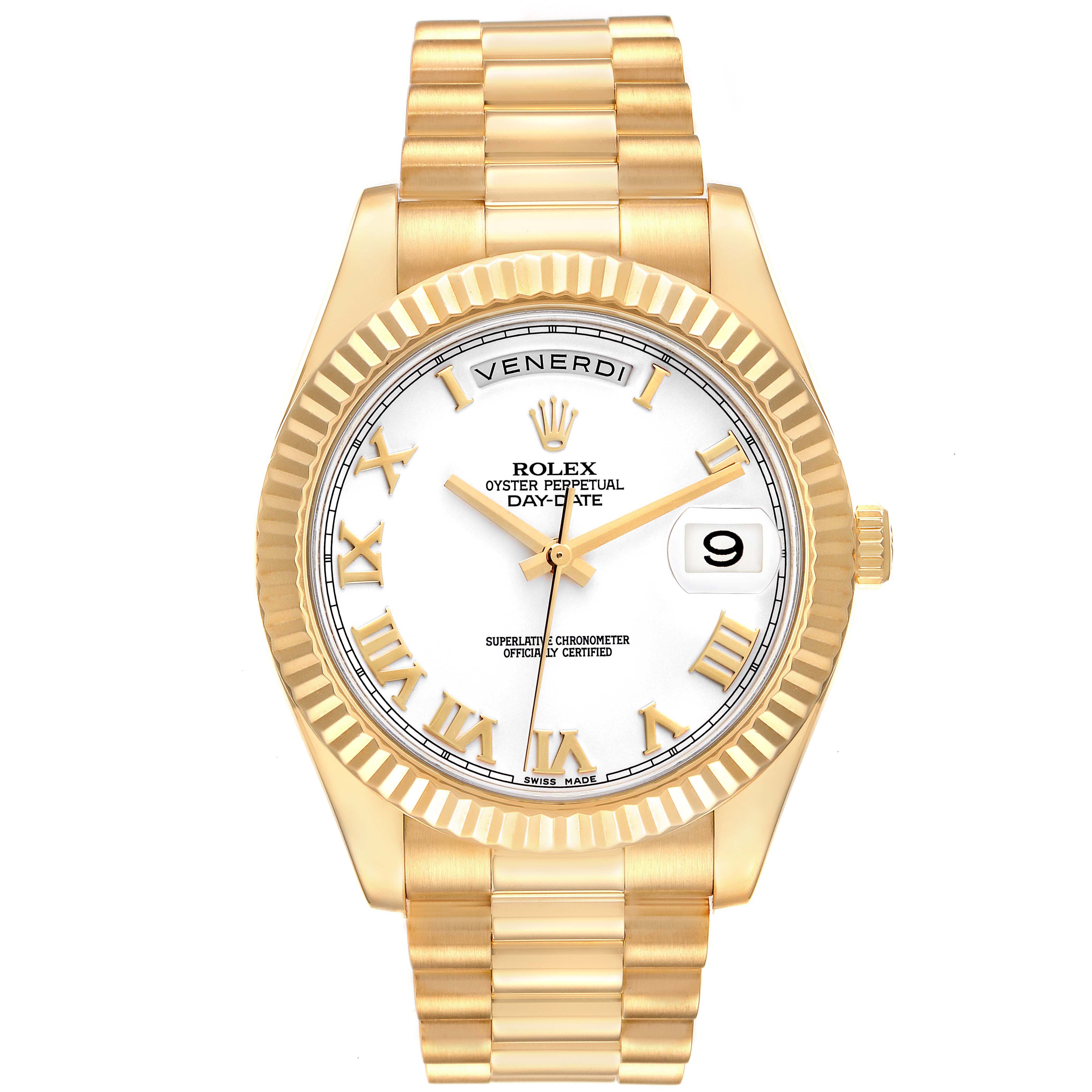 The Rolex President 218238 Men's Yellow Gold White Dial 218238 Men's Yellow Gold White Dial model watch is shown from the front, highlighting the dial, bezel, and bracelet.