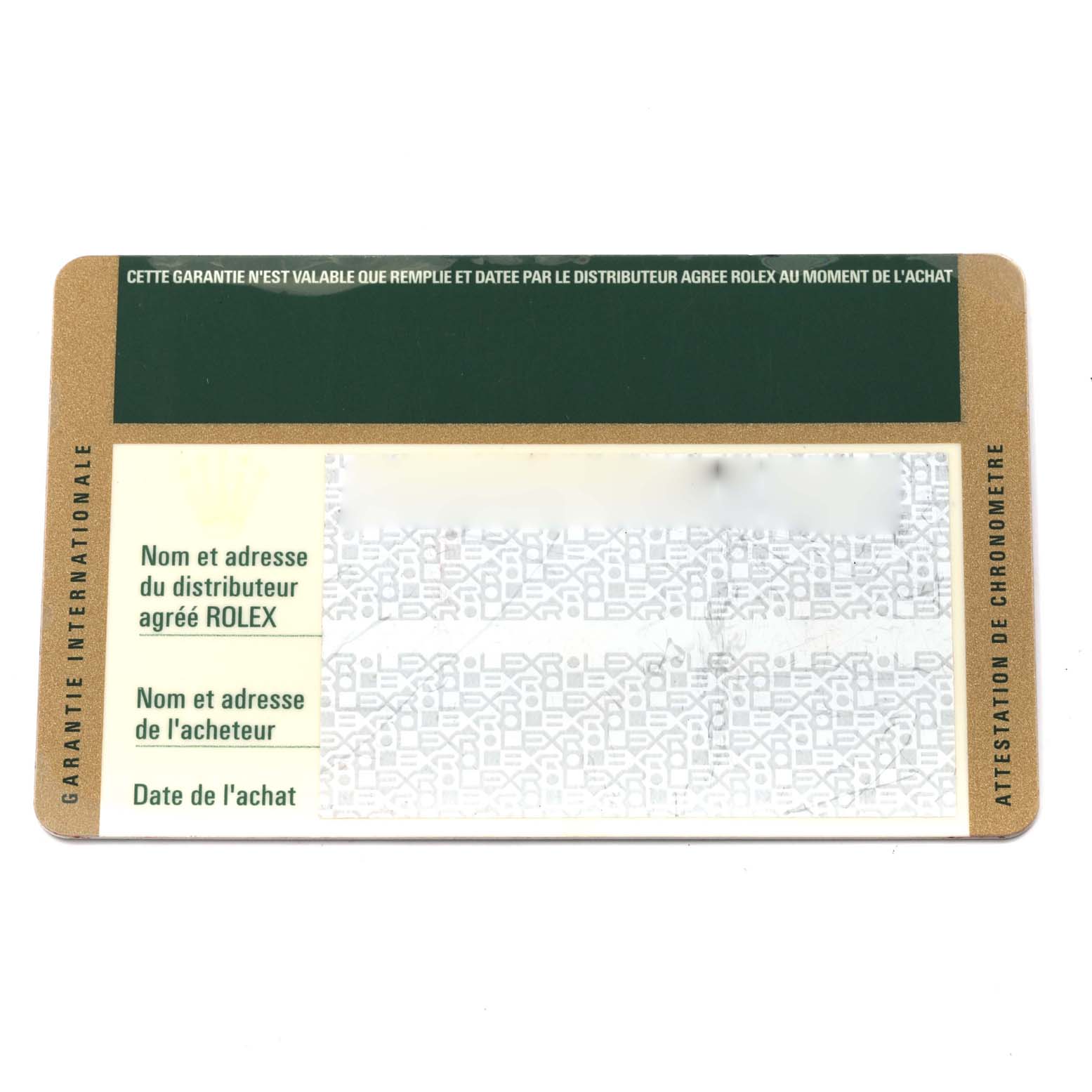 This image shows the warranty card for a Rolex President 218238 Men's Yellow Gold White Dial 218238 Men's Yellow Gold White Dial model watch.