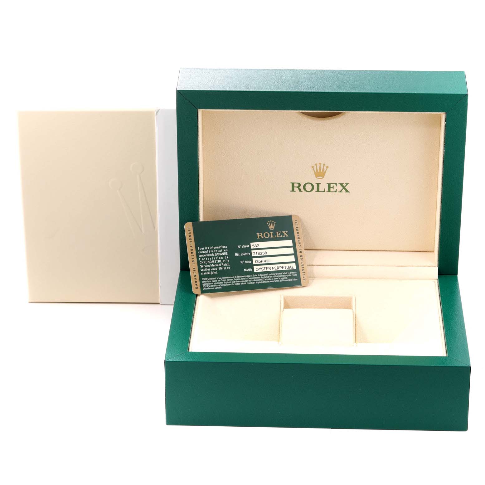 This image shows the packaging and an authentication card for a Rolex President 218238 Men's Yellow Gold White Dial 218238 Men's Yellow Gold White Dial model watch.