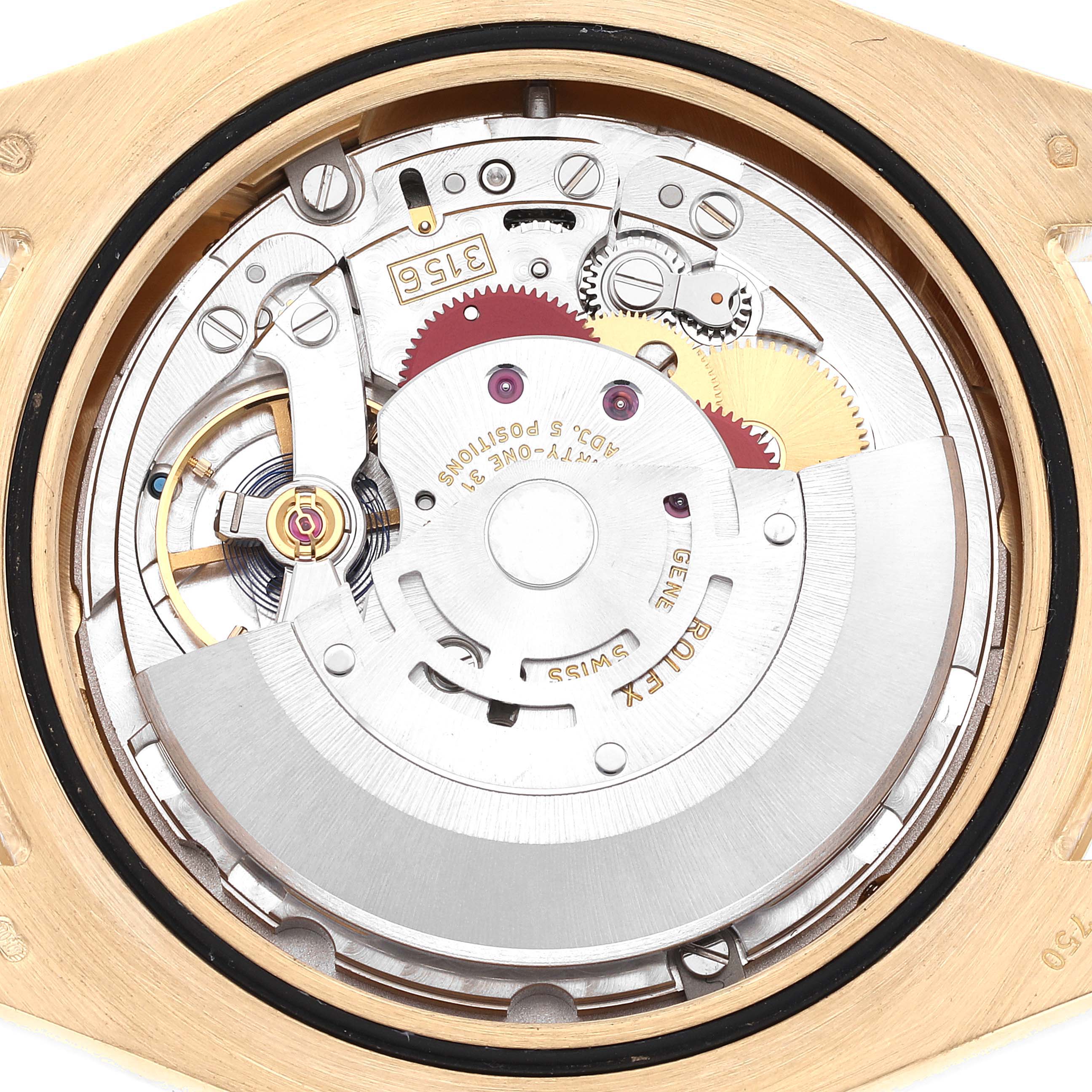 This image shows the movement and internal mechanism of the Rolex President 218238 Men's Yellow Gold White Dial 218238 Men's Yellow Gold White Dial model watch from a back angle.