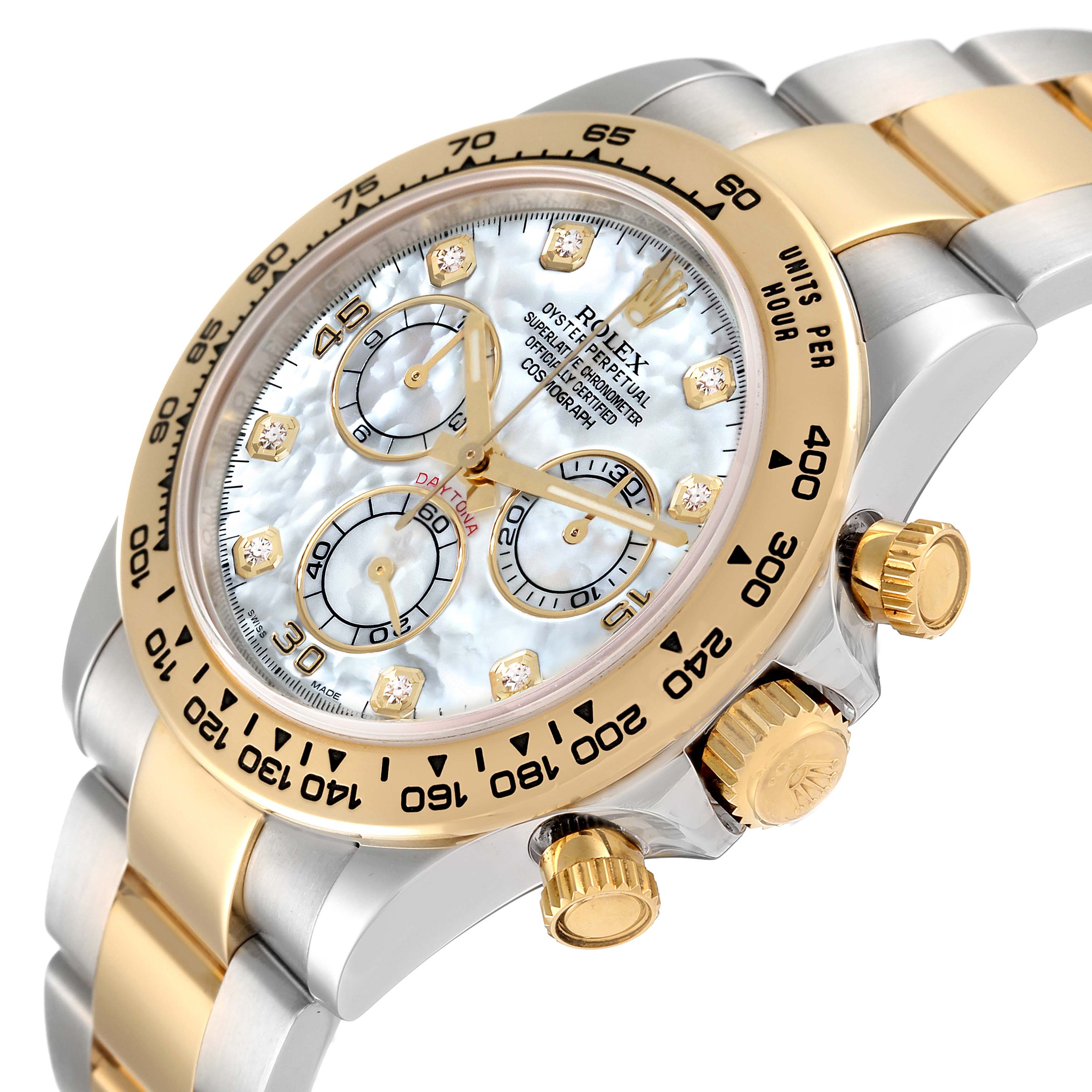 The image shows a close-up angle of a Rolex Daytona 116503 Men's Steel and Gold (two tone) Mother of Pearl Dial 116503 Men's Steel and Gold (two tone) Mother of Pearl Dial watch showcasing its dial, bezel, crown, and part of the bracelet.