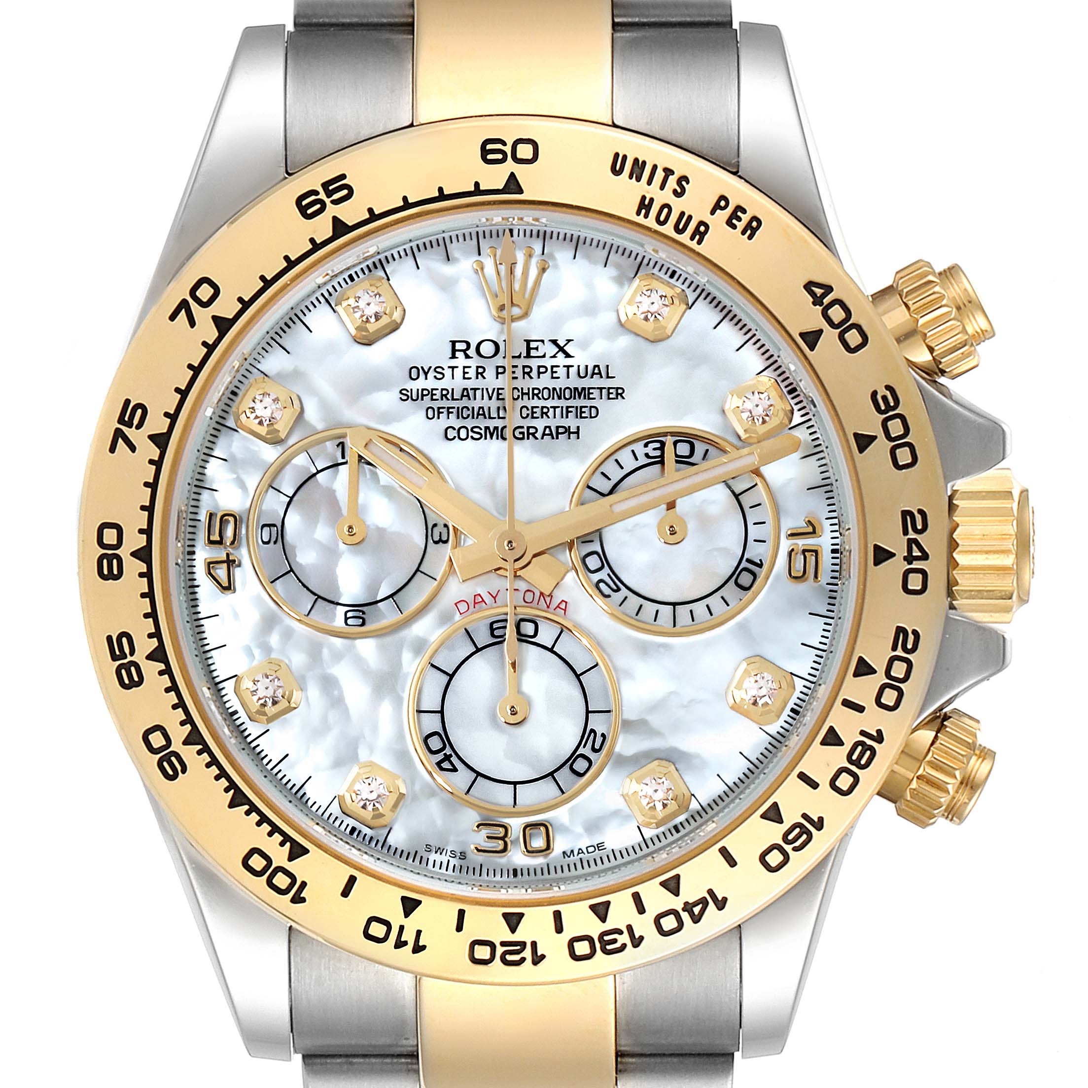 The Rolex Daytona 116503 Men's Steel and Gold (two tone) Mother of Pearl Dial 116503 Men's Steel and Gold (two tone) Mother of Pearl Dial watch is shown from the front, displaying its face, bezel, and crown.
