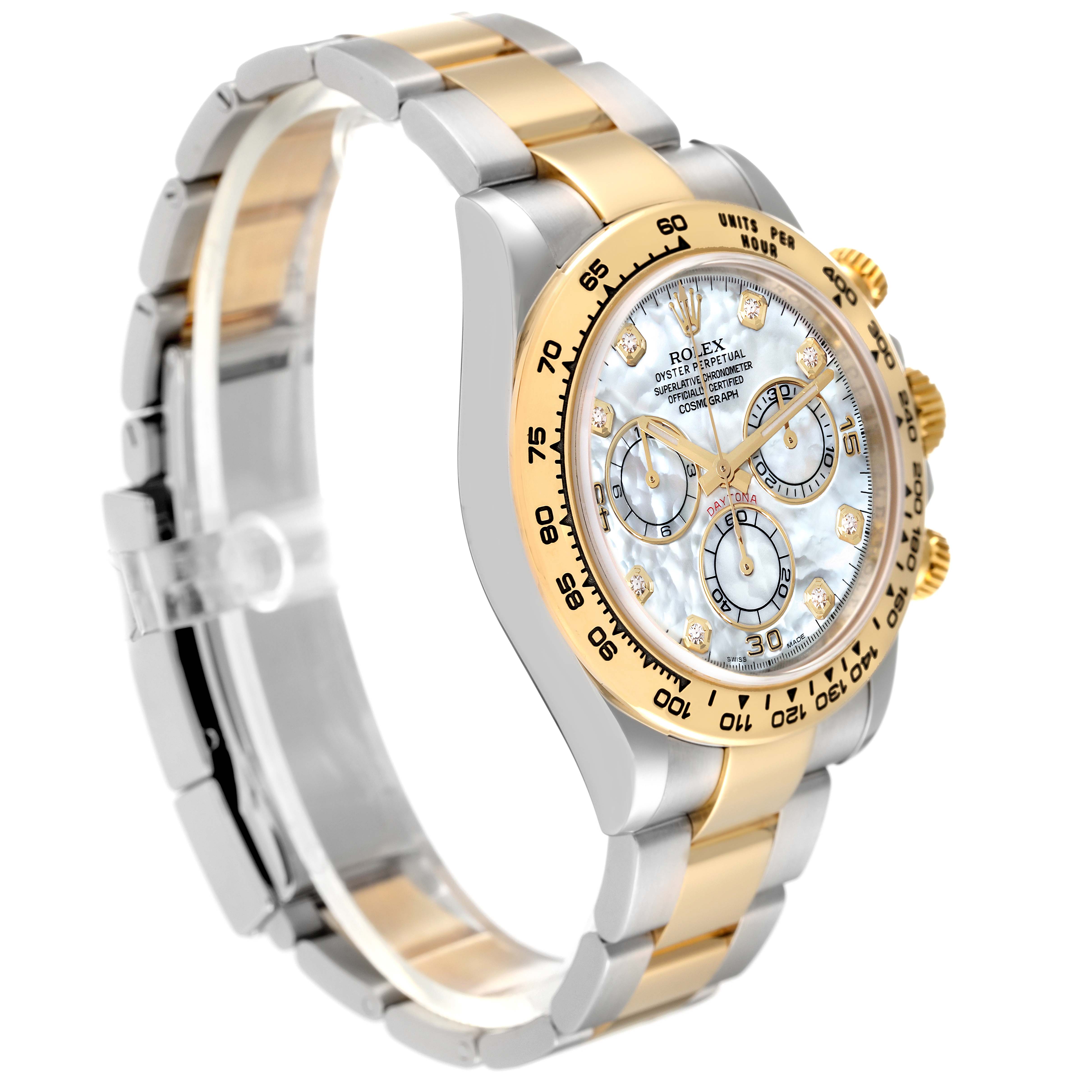 The Rolex Daytona 116503 Men's Steel and Gold (two tone) Mother of Pearl Dial 116503 Men's Steel and Gold (two tone) Mother of Pearl Dial watch is shown at a side angle, highlighting the face, bezel, and two-tone bracelet.