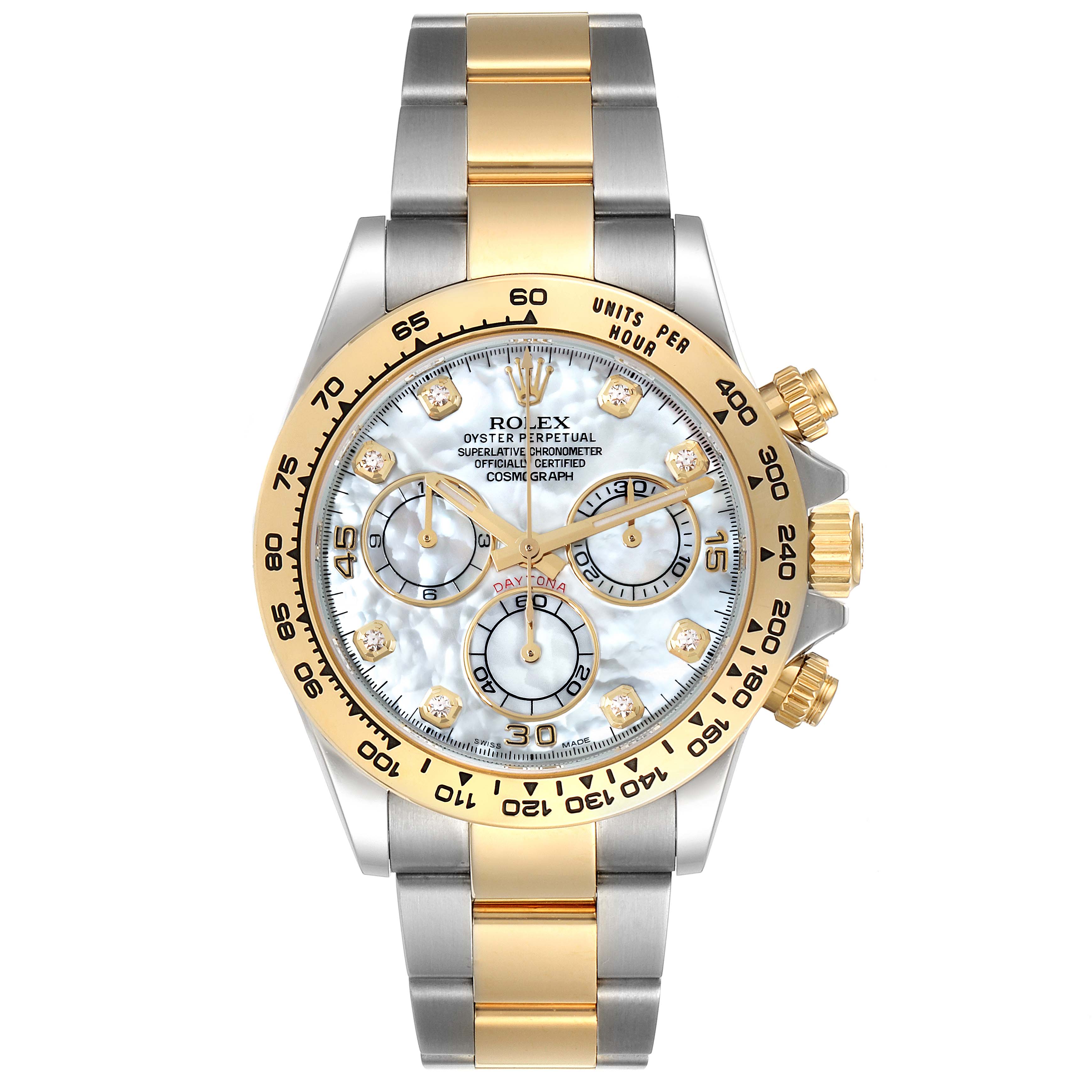 This Rolex Daytona 116503 Men's Steel and Gold (two tone) Mother of Pearl Dial 116503 Men's Steel and Gold (two tone) Mother of Pearl Dial watch is shown from a front angle, showcasing its face, bezel, and bracelet.