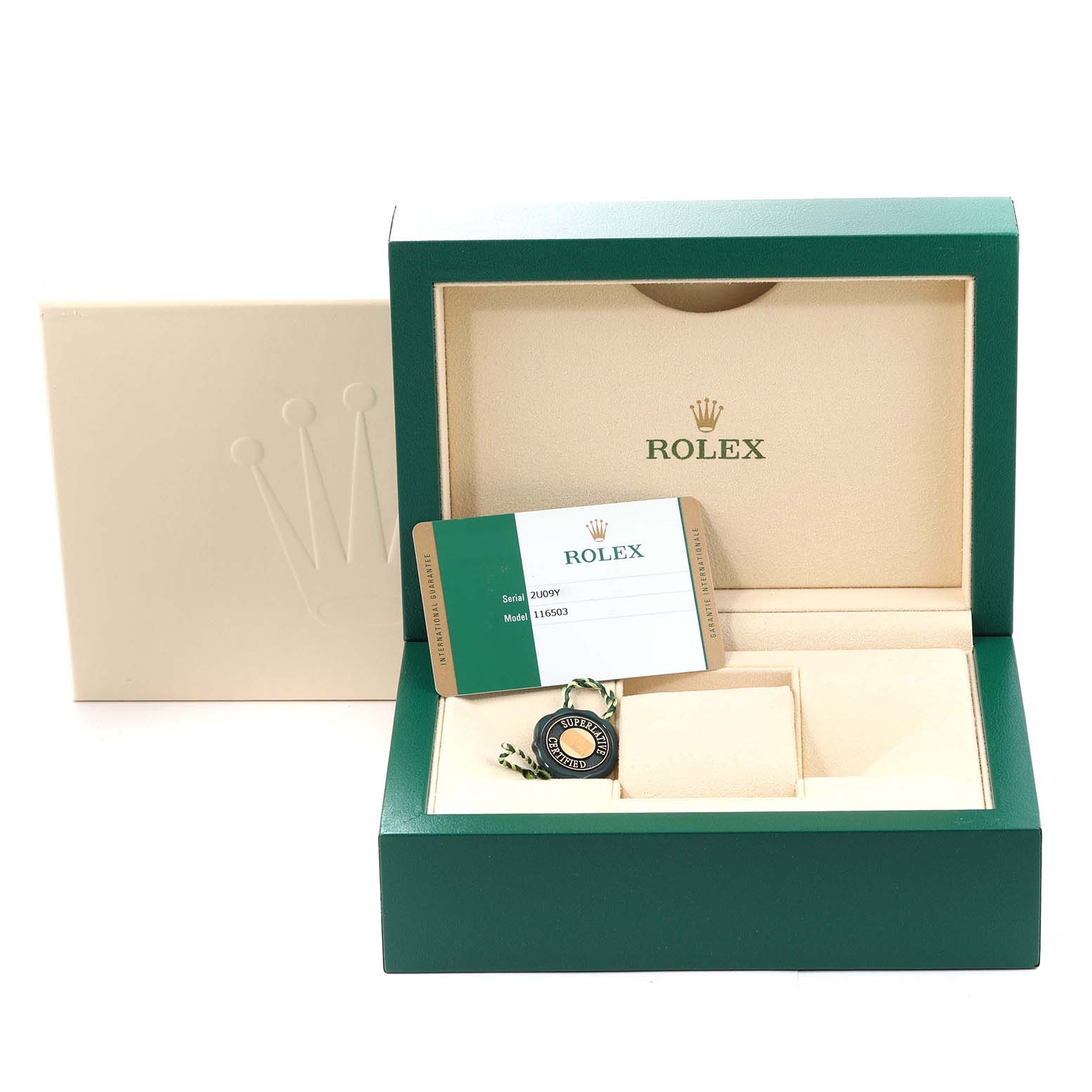This image shows the packaging, card, and accessories for a Rolex Daytona 116503 Men's Steel and Gold (two tone) Mother of Pearl Dial 116503 Men's Steel and Gold (two tone) Mother of Pearl Dial watch, presented at a front angle.