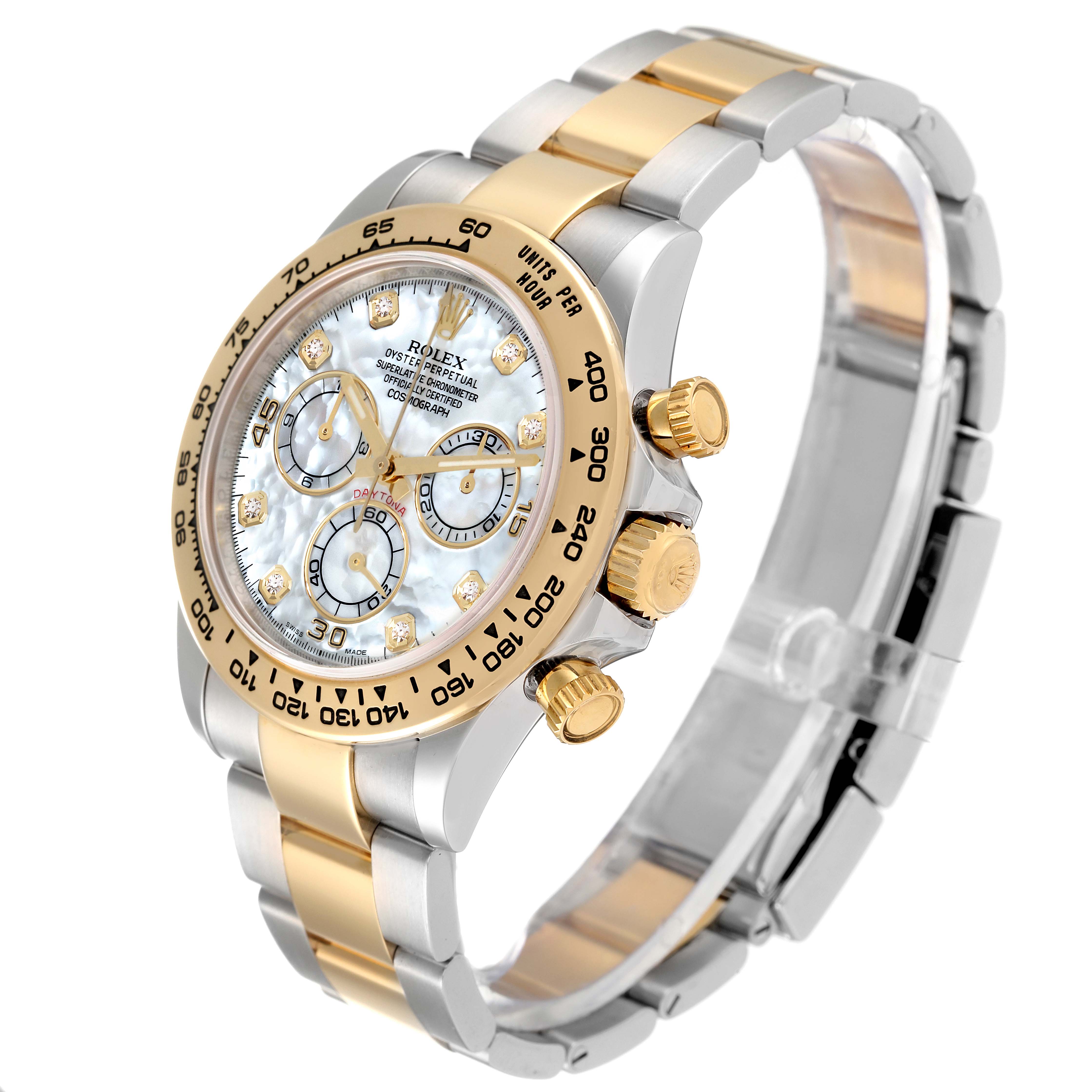This Rolex Daytona 116503 Men's Steel and Gold (two tone) Mother of Pearl Dial 116503 Men's Steel and Gold (two tone) Mother of Pearl Dial watch is shown at an angled side view, highlighting the bezel, dial, bracelet, and crown.