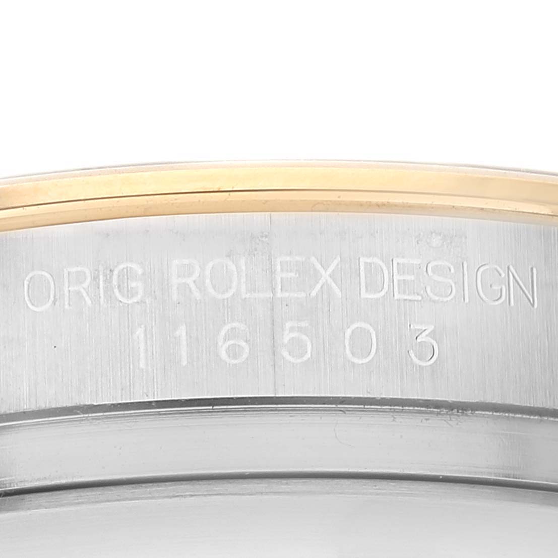 The image shows an angled close-up of the case side of a Rolex Daytona 116503 Men's Steel and Gold (two tone) Mother of Pearl Dial 116503 Men's Steel and Gold (two tone) Mother of Pearl Dial, highlighting the "Orig Rolex Design 116503" engraving.