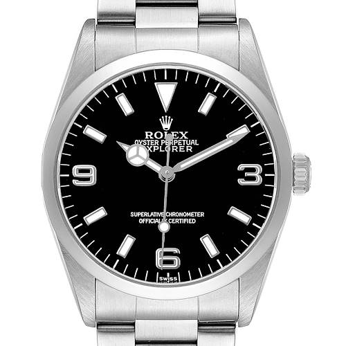 The image shows a front view of the Rolex Explorer 14270 Men's Stainless Steel Black Dial, displaying the dial, bezel, crown, and part of the bracelet.