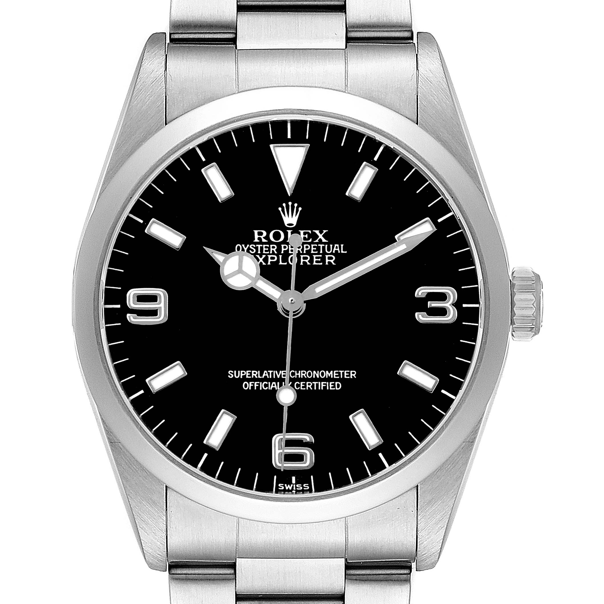 The Rolex Explorer 14270 Men's Stainless Steel Black Dial watch is shown from the front, displaying the dial, bezel, and part of the bracelet.