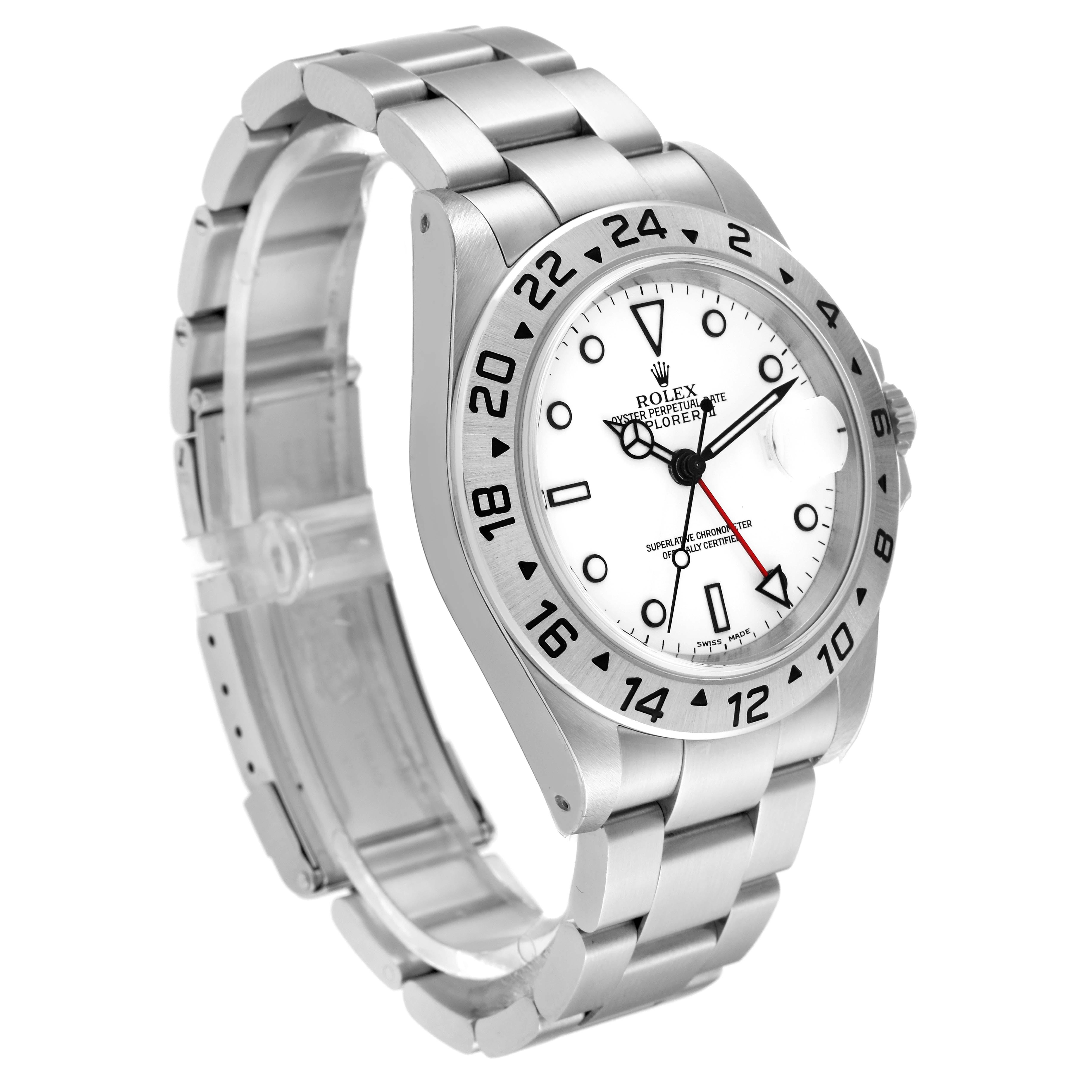 This image shows a Rolex Explorer 16570 Men
s Stainless Steel White Dial 16570 Men
s Stainless Steel White Dial watch, angled to display the face, bezel, and part of the metal bracelet.