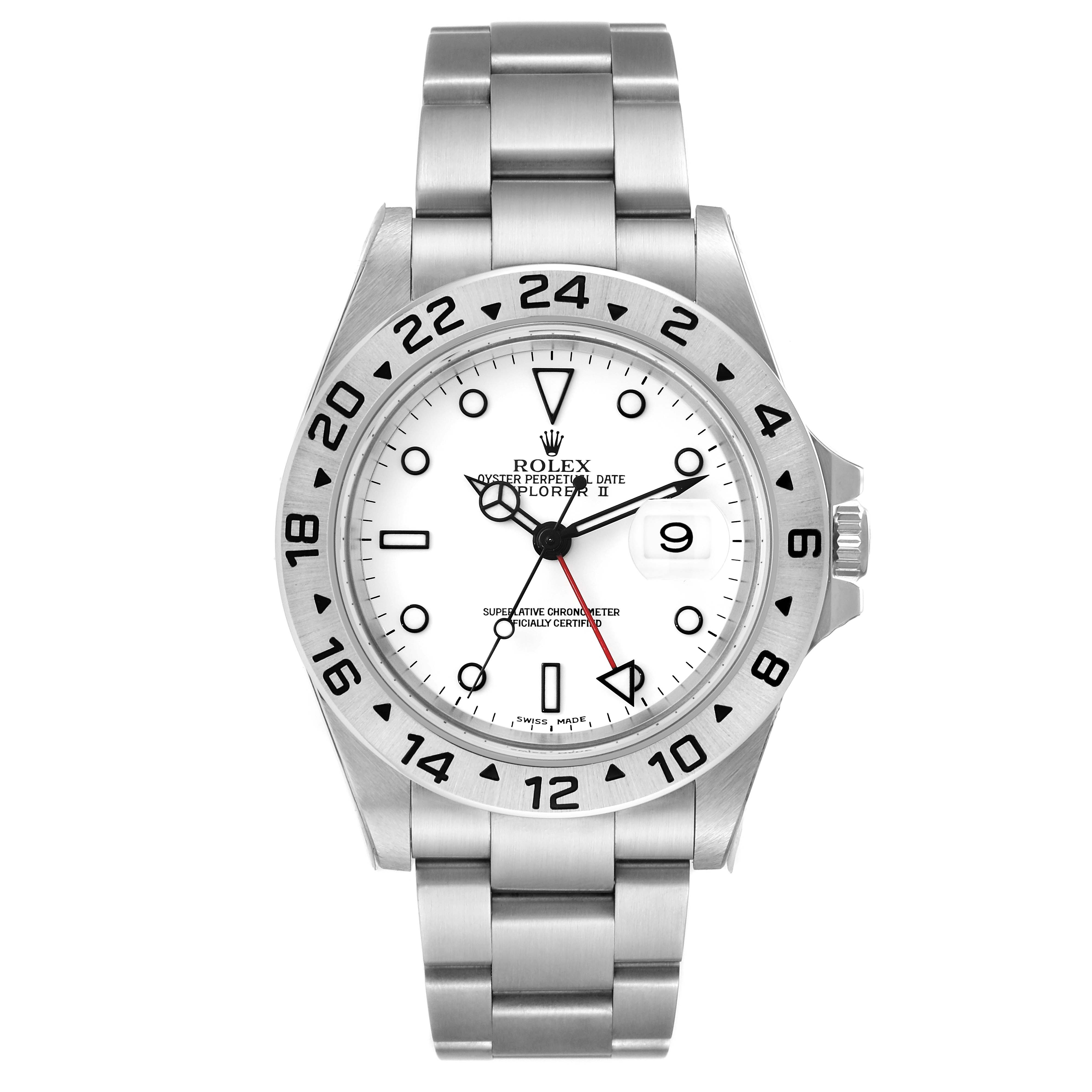 The image shows a front view of a Rolex Explorer 16570 Men
s Stainless Steel White Dial 16570 Men
s Stainless Steel White Dial watch, displaying the dial, bezel, and bracelet.