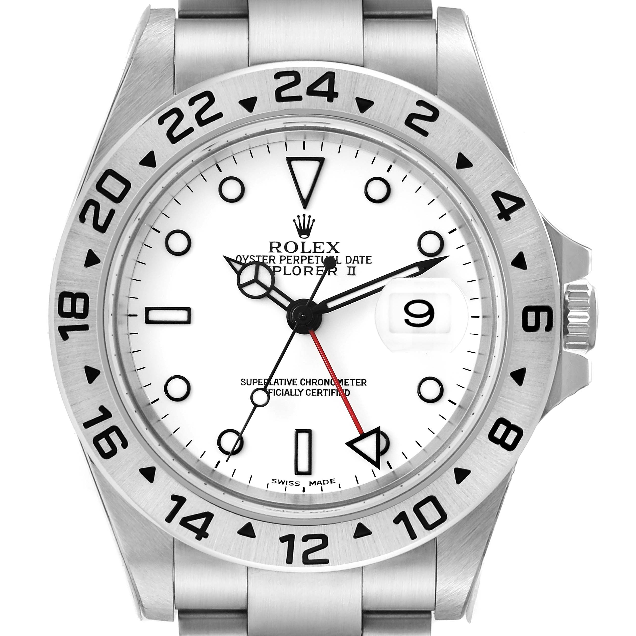 The image shows a frontal view of a Rolex Explorer 16570 Men
s Stainless Steel White Dial 16570 Men
s Stainless Steel White Dial watch, featuring its dial, bezel, and part of the bracelet.