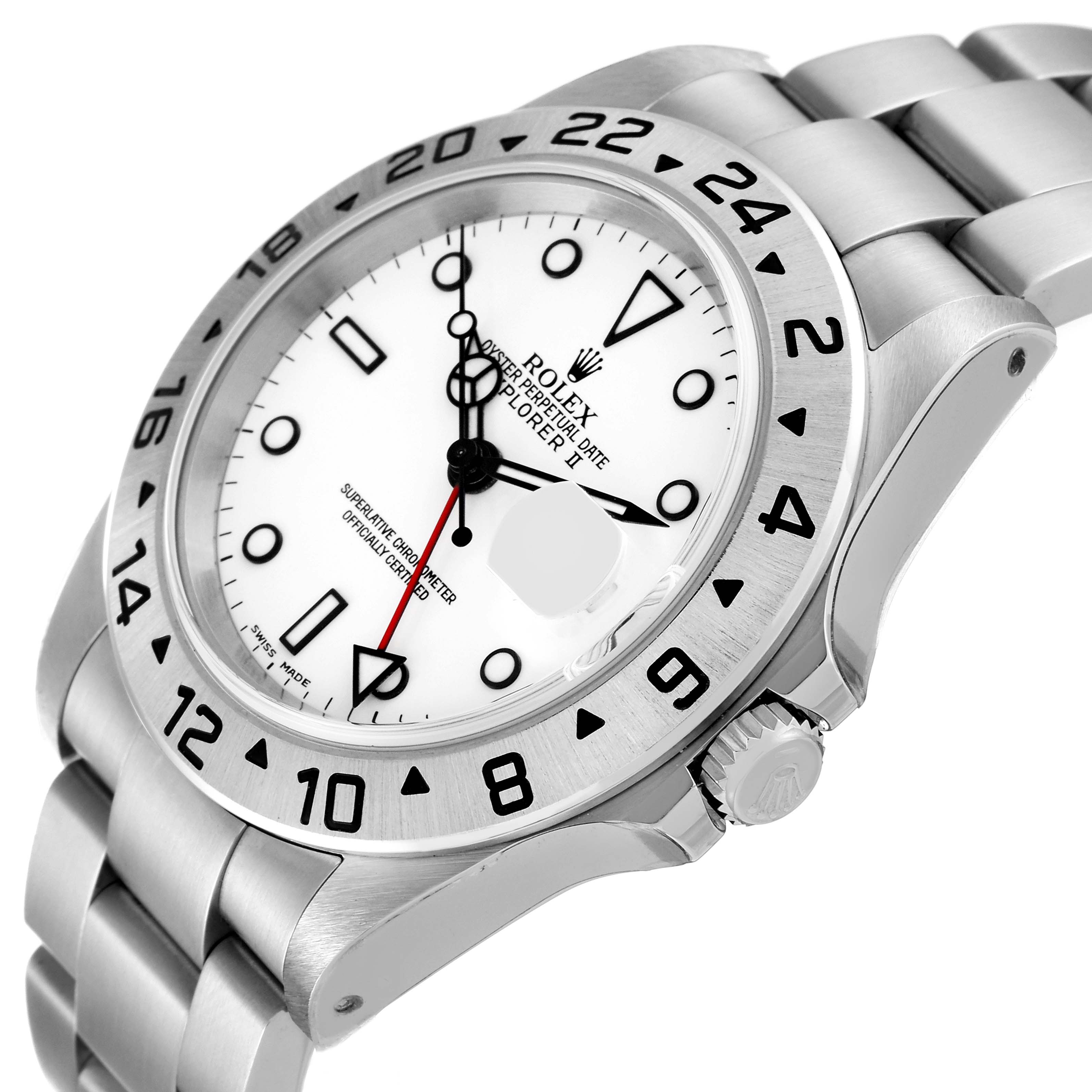 The Rolex Explorer 16570 Men
s Stainless Steel White Dial 16570 Men
s Stainless Steel White Dial watch is shown at an angled close-up, highlighting the bezel, crown, dial, and part of the bracelet.
