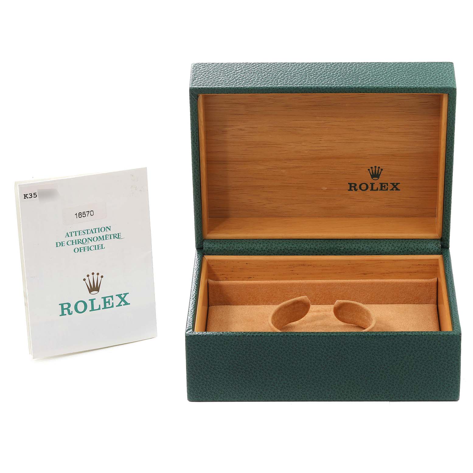 This image shows the empty box and manual for a Rolex Explorer 16570 Men
s Stainless Steel White Dial 16570 Men
s Stainless Steel White Dial watch model.