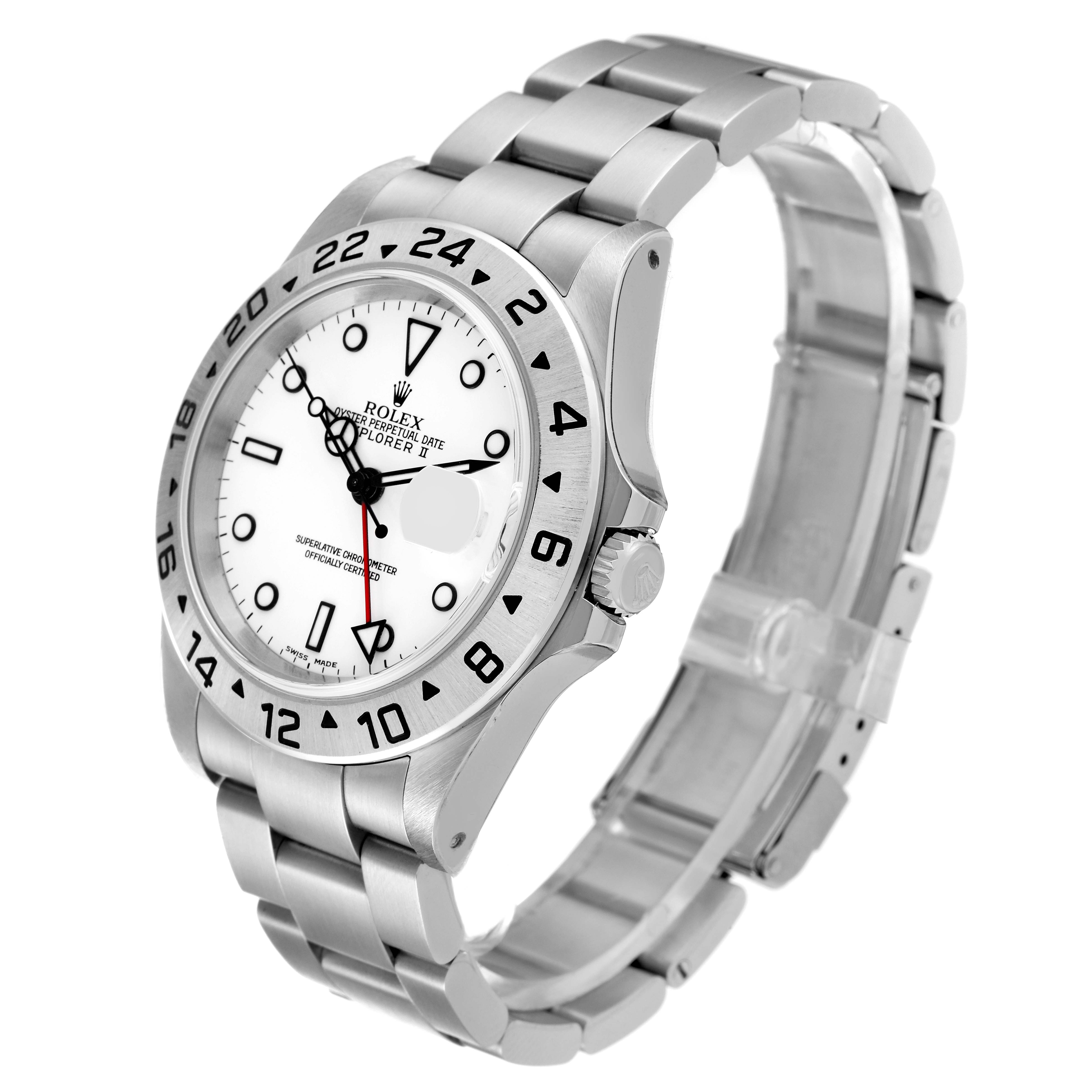 The Rolex Explorer 16570 Men
s Stainless Steel White Dial 16570 Men
s Stainless Steel White Dial model watch is shown at an angle that highlights its face, bezel, crown, and bracelet.