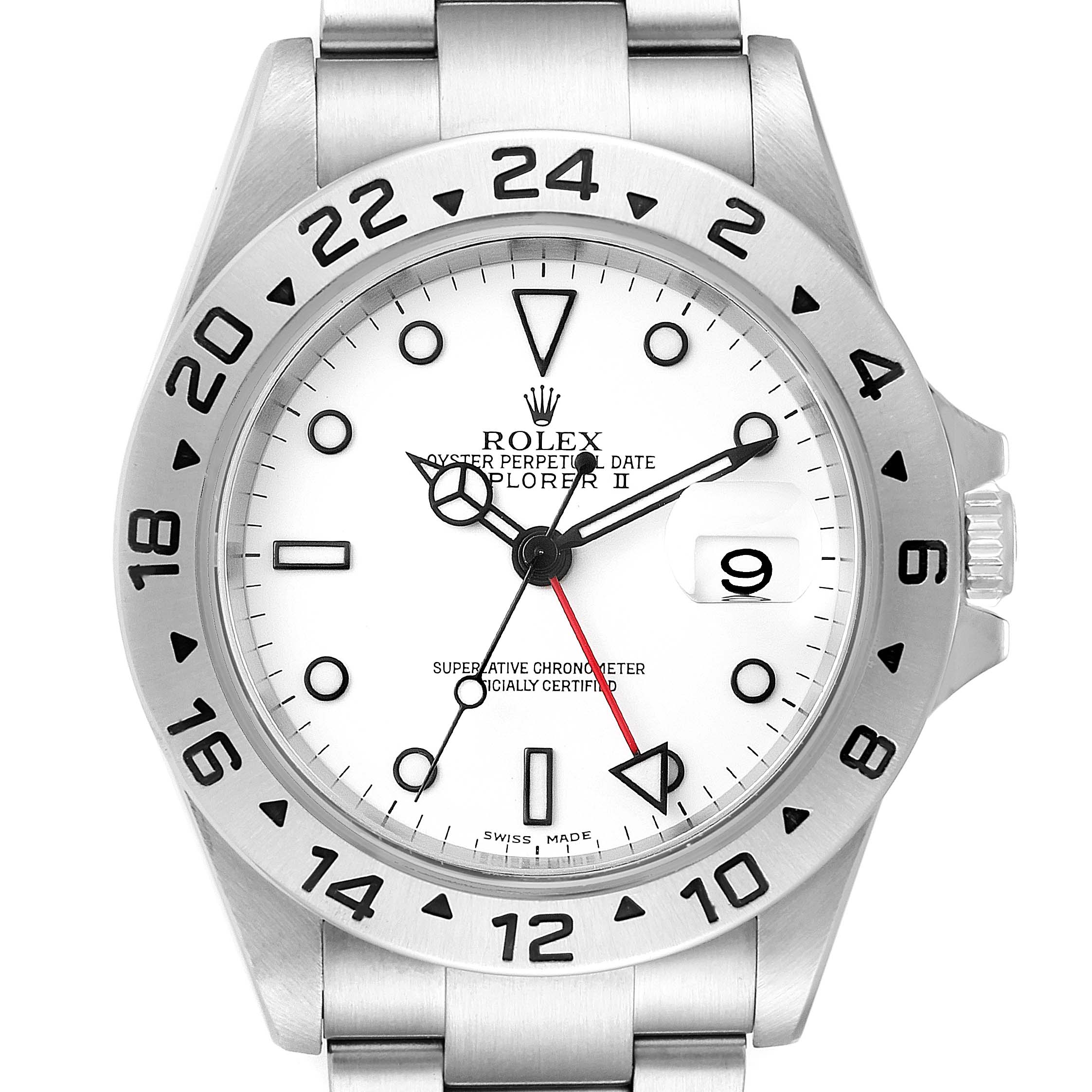 The image shows a frontal view of the Rolex Explorer 16570 Men's Stainless Steel White Dial 16570 Men's Stainless Steel White Dial watch, highlighting its dial, bezel, and bracelet.