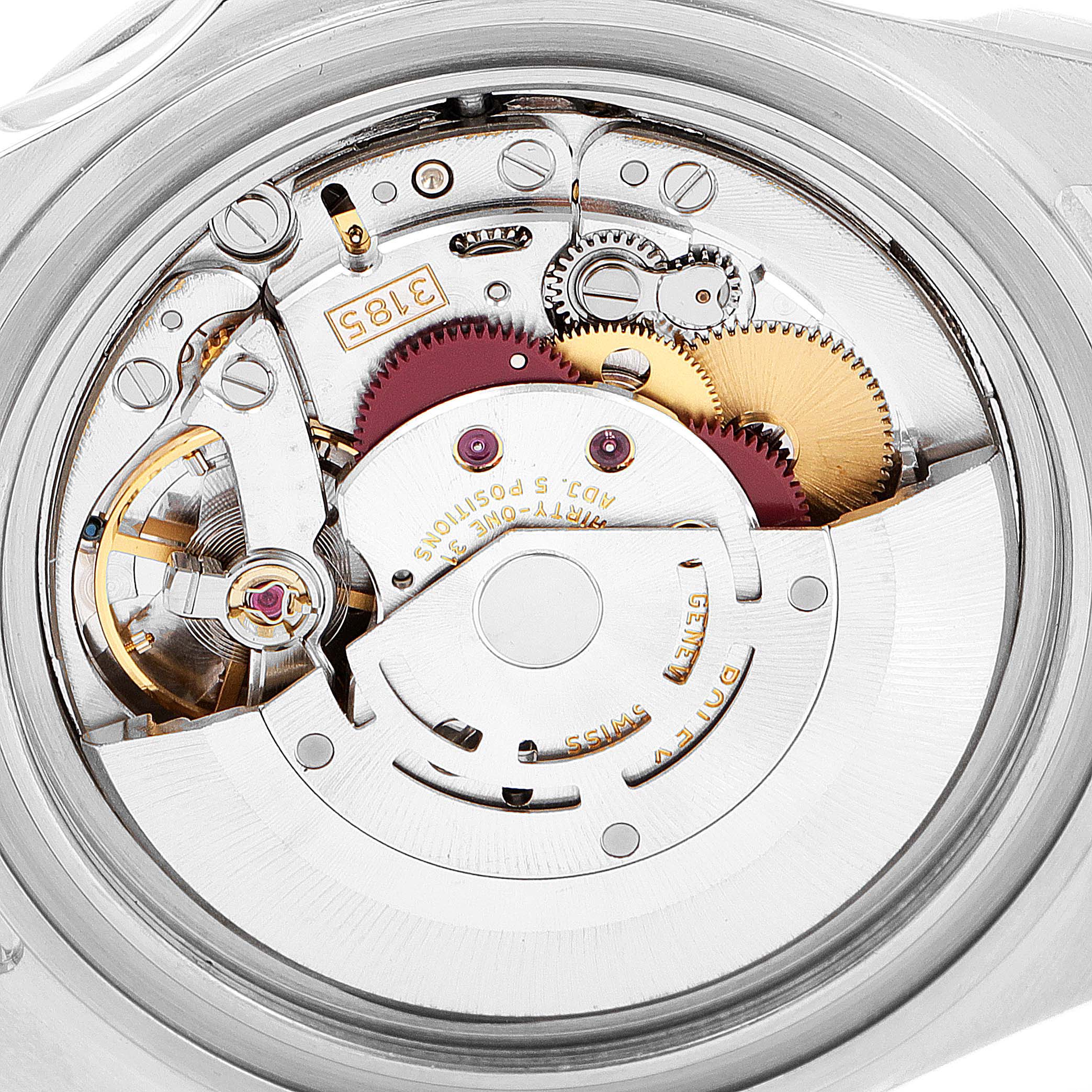 The image shows the intricate inner mechanism of the Rolex Explorer 16570 Men's Stainless Steel White Dial 16570 Men's Stainless Steel White Dial watch from a rear angle.