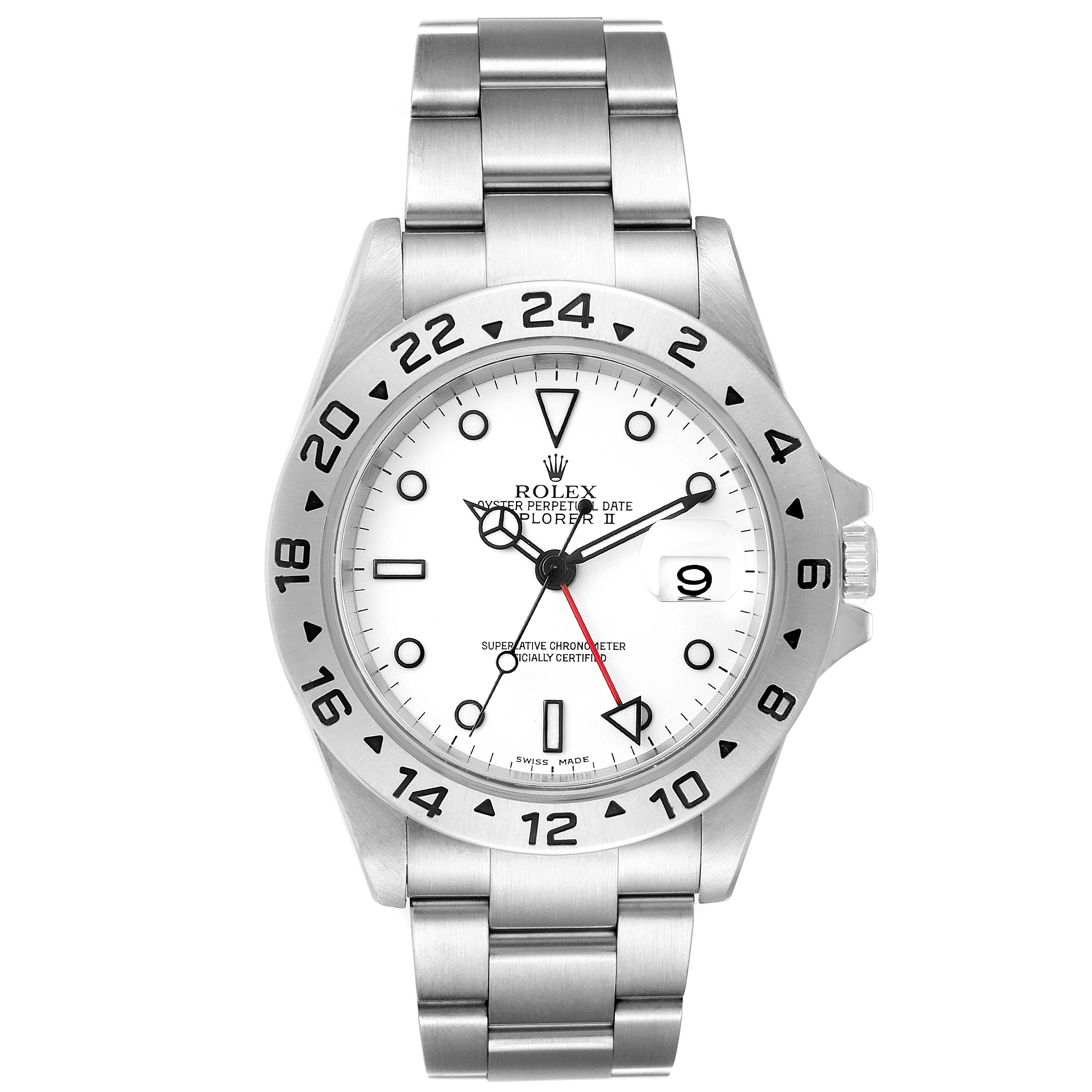 The image shows a front view of the Rolex Explorer 16570 Men's Stainless Steel White Dial 16570 Men's Stainless Steel White Dial watch with a stainless steel bracelet and a white dial.