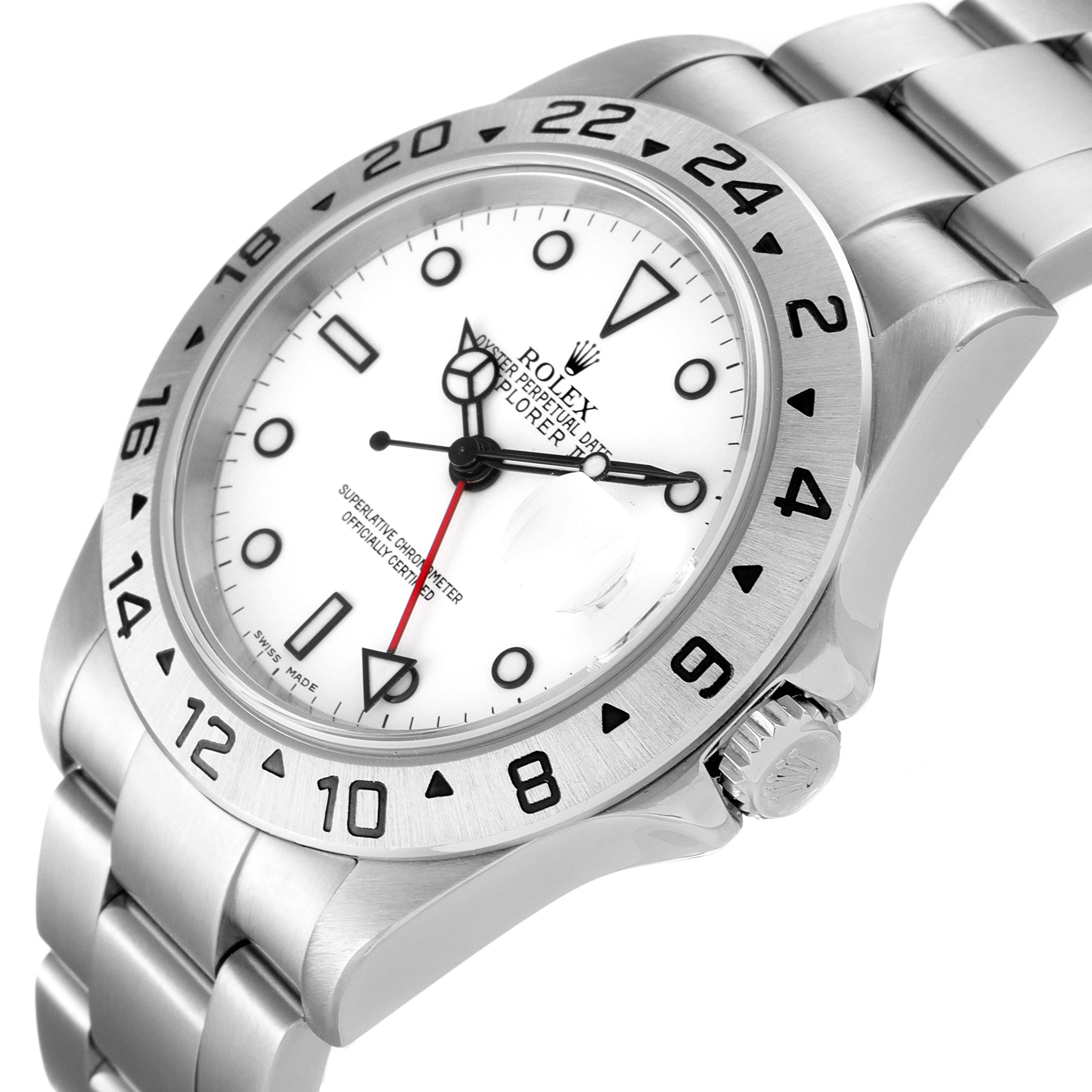 The image shows a Rolex Explorer 16570 Men's Stainless Steel White Dial 16570 Men's Stainless Steel White Dial watch at a side angle, highlighting the face, bezel, crown, and part of the bracelet.