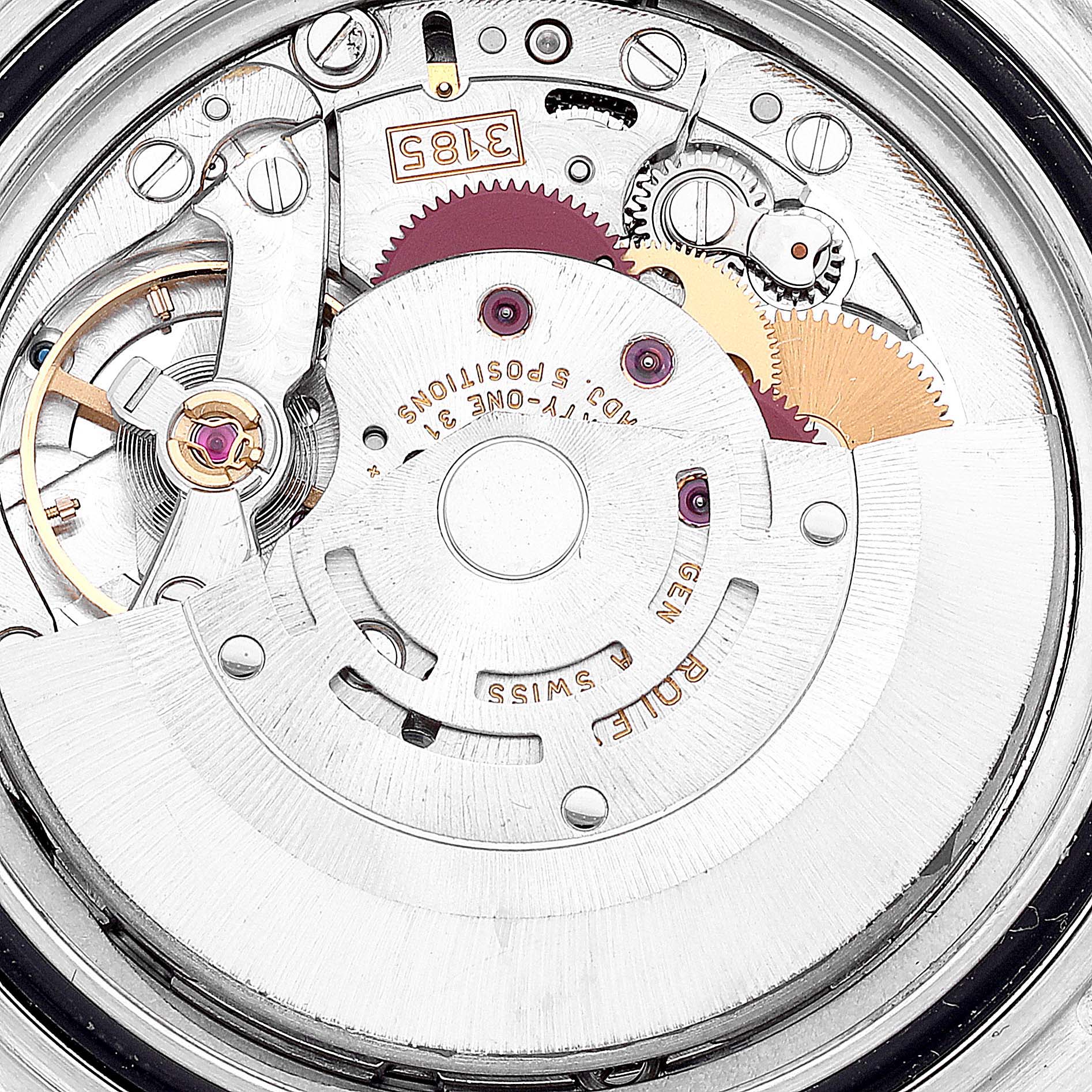 This image shows the intricate internal mechanics and movement of a Rolex Explorer 16570T Men's Stainless Steel White Dial 16570T Men's Stainless Steel White Dial watch from a close-up angle.