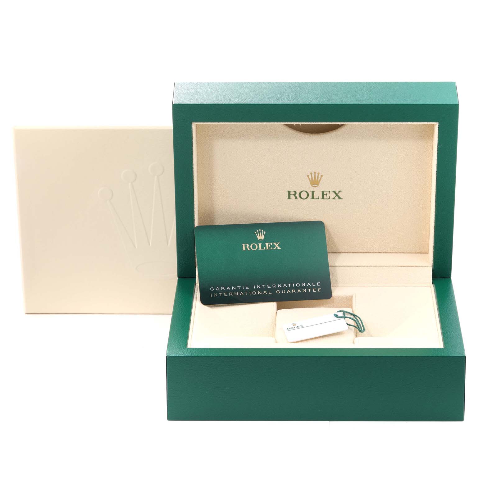 The image shows the Rolex Explorer 216570 Men
s Stainless Steel Black Dial 216570 Men
s Stainless Steel Black Dial watch box with warranty card and tag, captured from the front.