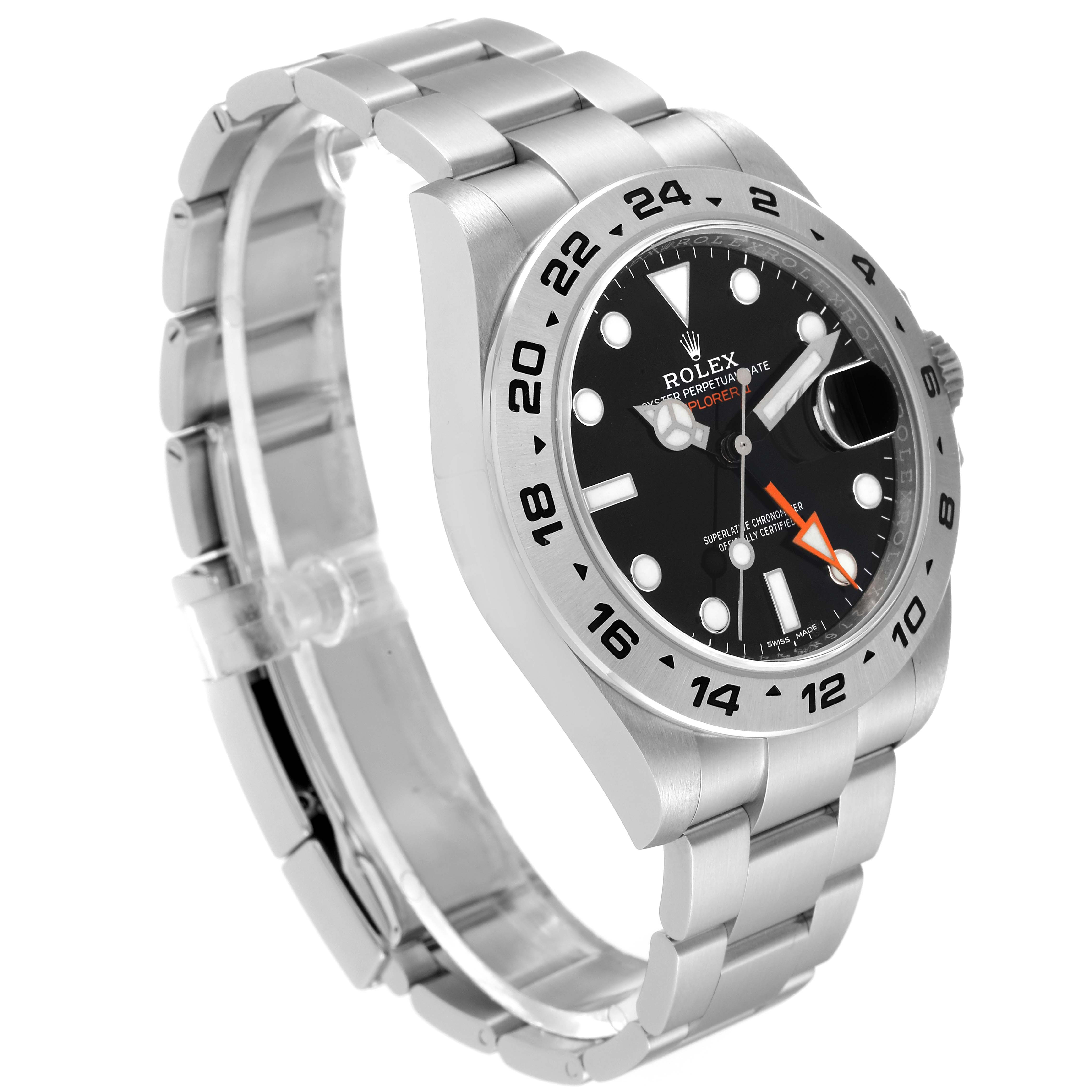 The image shows a side and partial front view of the Rolex Explorer 216570 Men
s Stainless Steel Black Dial 216570 Men
s Stainless Steel Black Dial watch, displaying the bracelet, dial, and bezel.