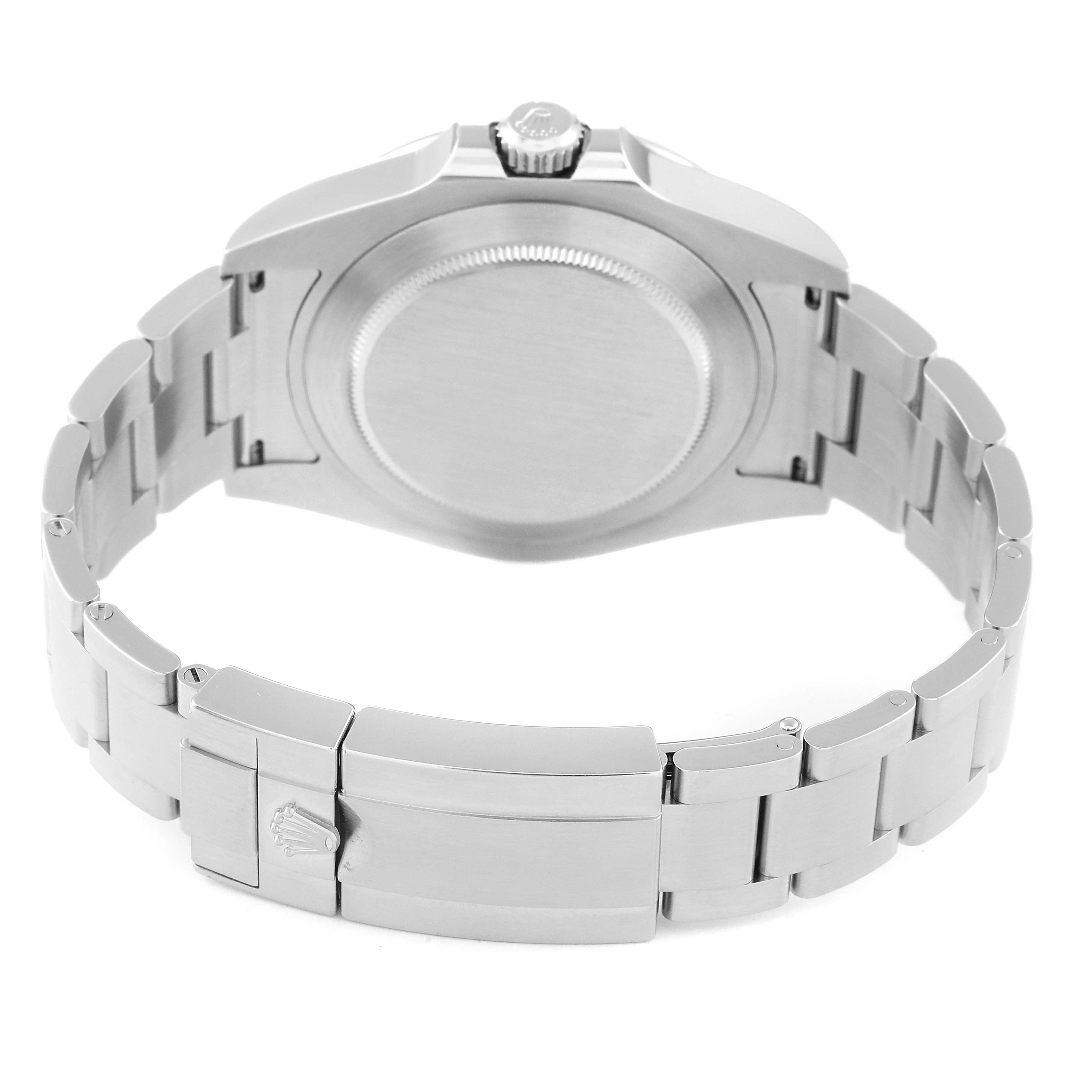 The image shows the back case, crown, and clasp of a Rolex Explorer 216570 Men
s Stainless Steel Black Dial 216570 Men
s Stainless Steel Black Dial model watch, viewed from the rear.